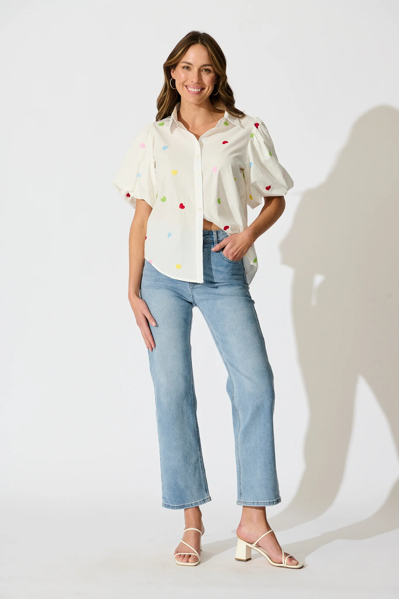 Amore Heart Shirt in White with Multi Heart Embroidered Cotton - Image 4