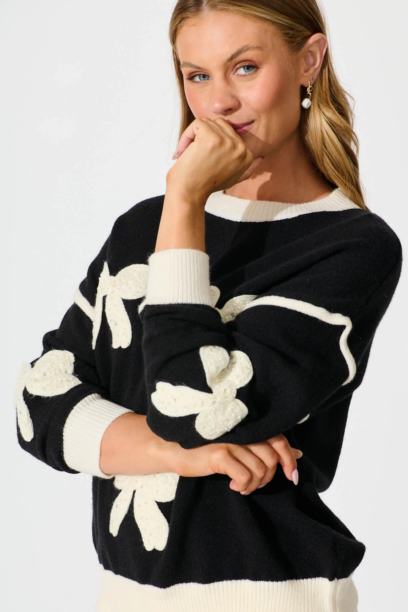 Amory Knit in Black with Cream Bows Wool Blend - Image 8