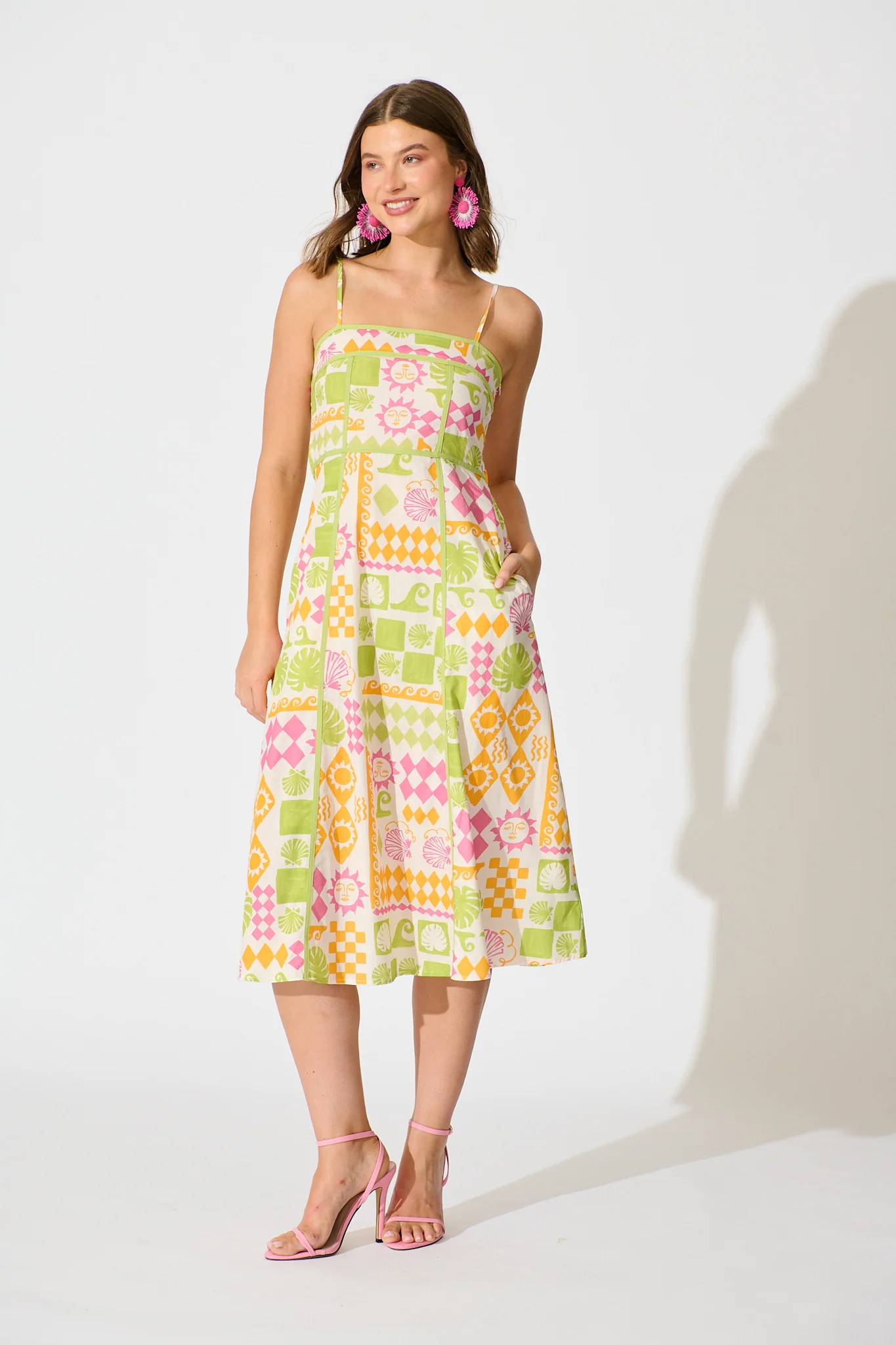Amylee Midi Sundress in Multi Patchwork Print Cotton