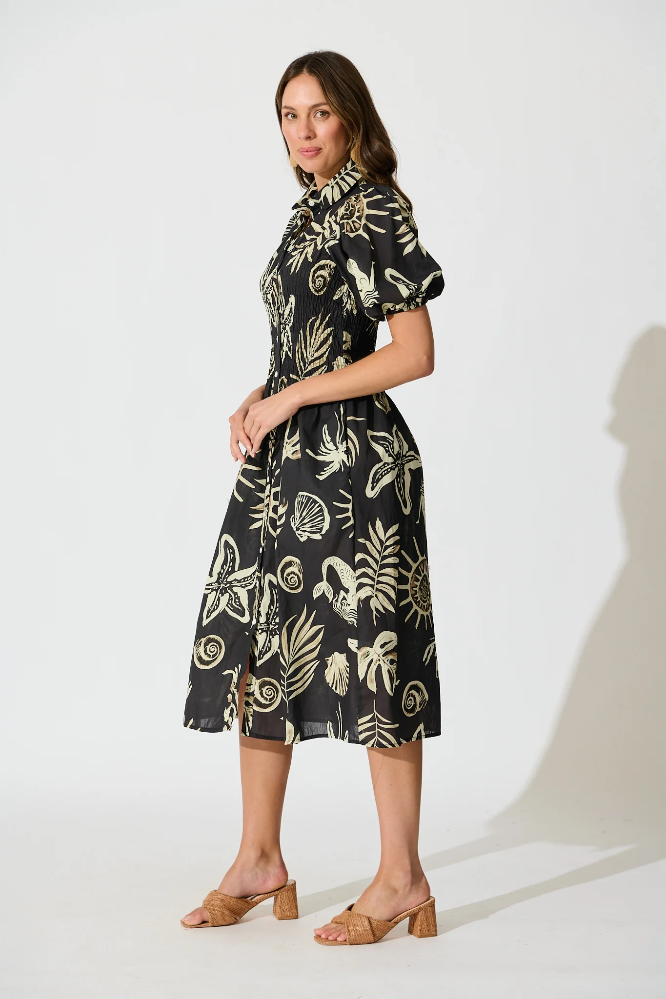 Andra Maxi Shirt Dress in Black and White Sea Shell Cotton - Image 3
