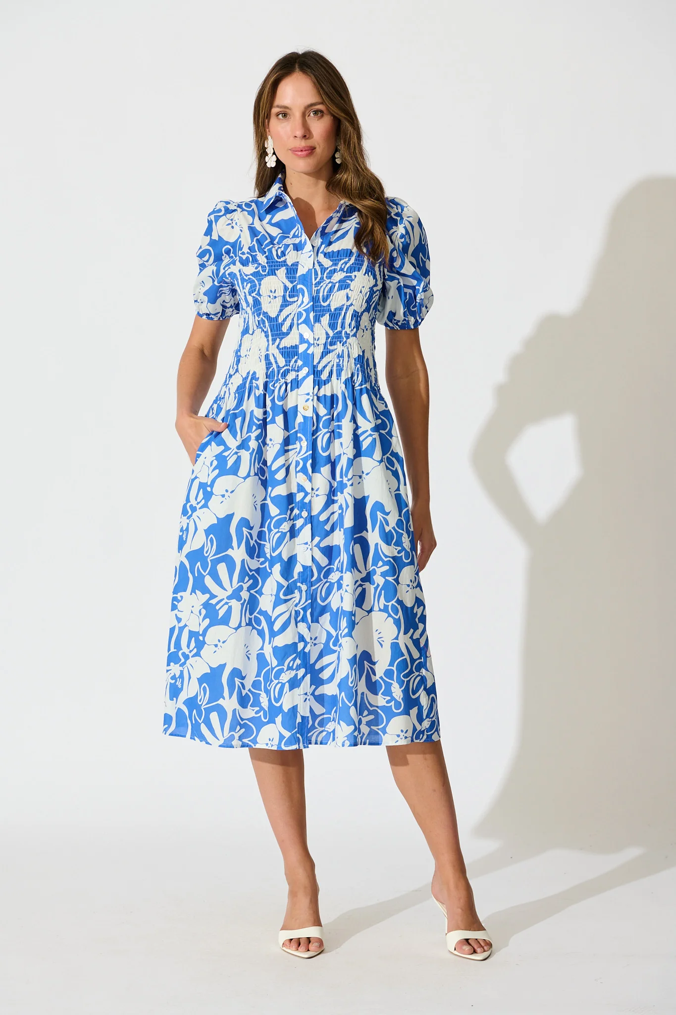 Andra Maxi Shirt Dress in Blue and White Floral Cotton