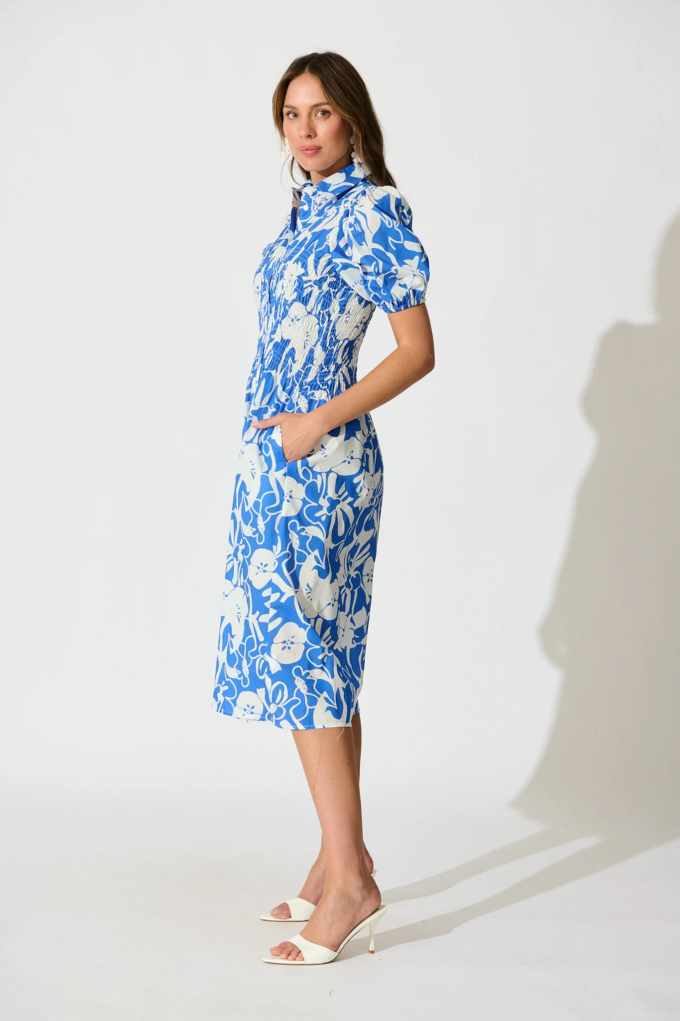 Andra Maxi Shirt Dress in Blue and White Floral Cotton - Image 3