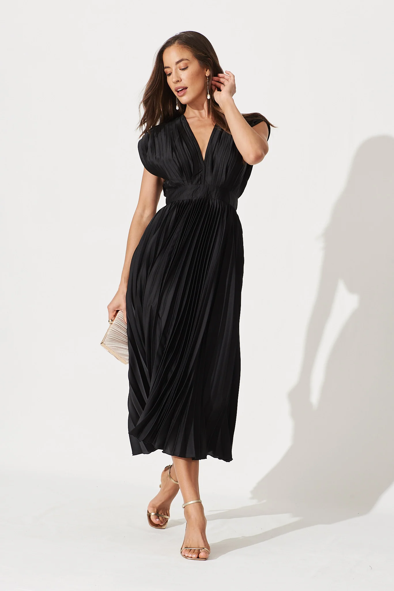 Anetta Midi Dress In Pleated Black Satin - Image 6