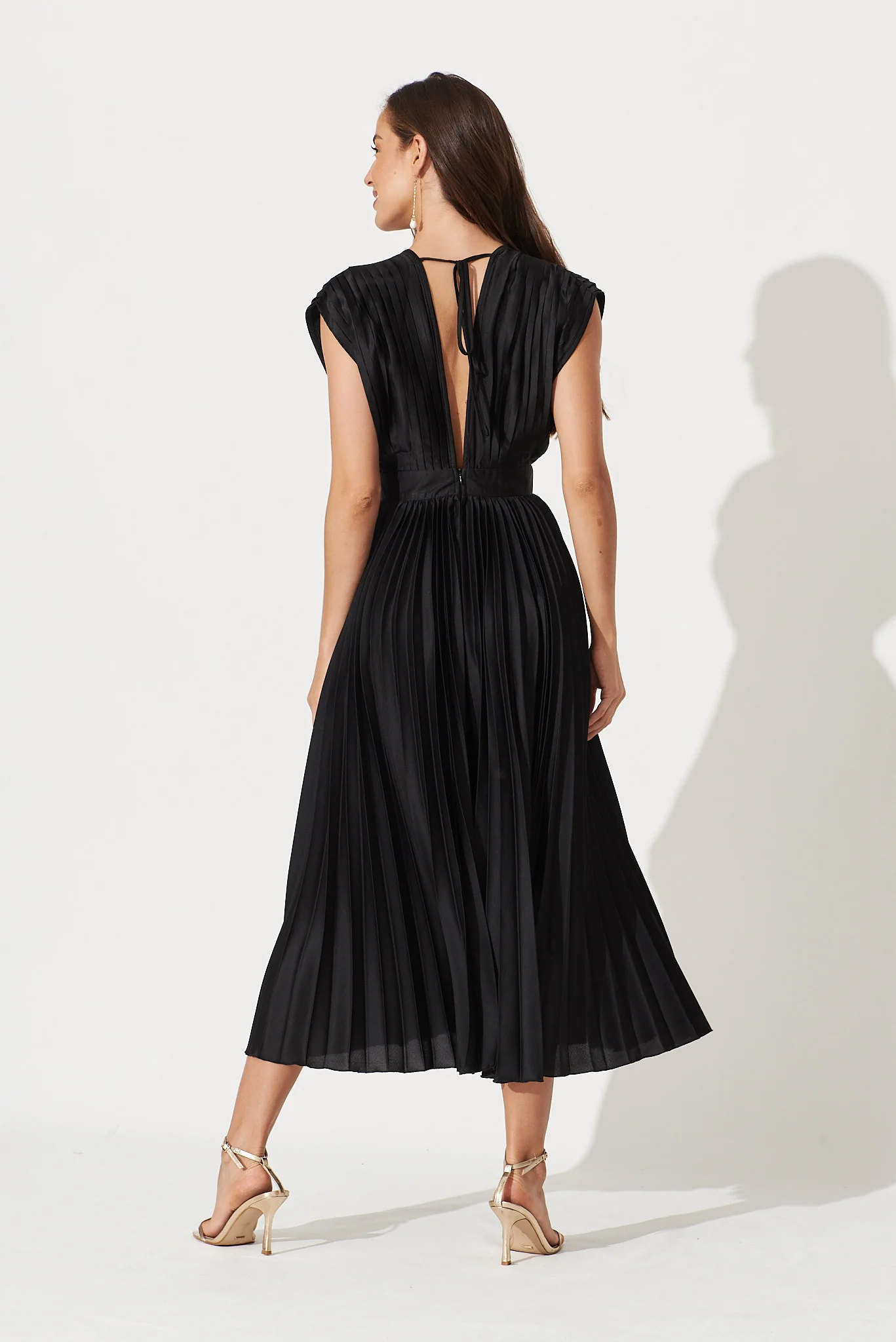 Anetta Midi Dress In Pleated Black Satin - Image 8