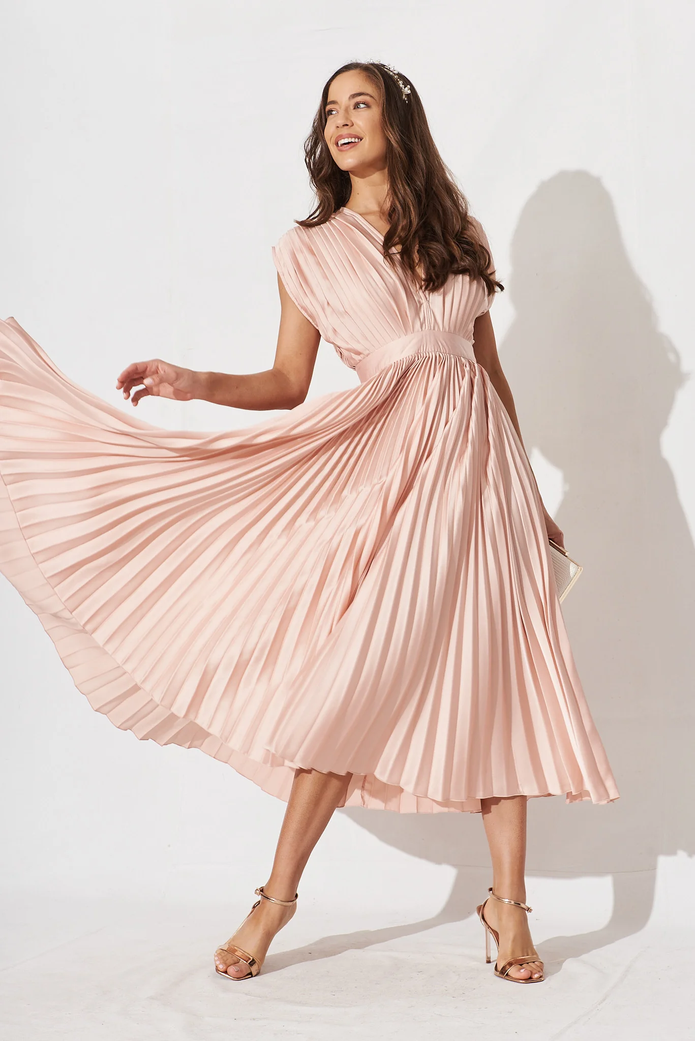 Anetta Midi Dress In Pleated Blush Satin - Image 6