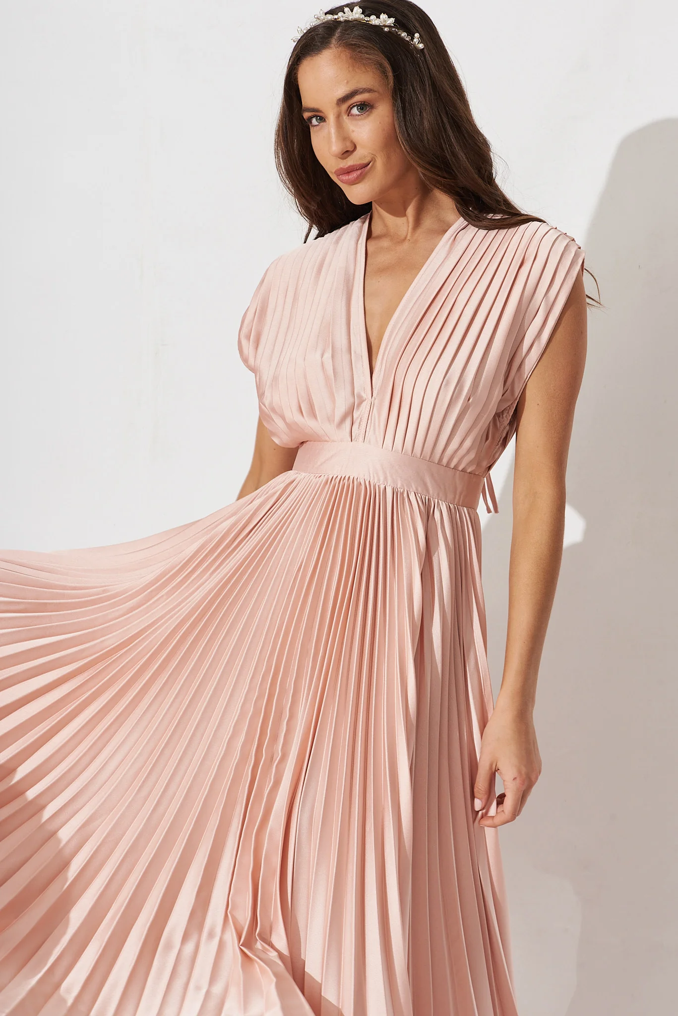 Anetta Midi Dress In Pleated Blush Satin - Image 7