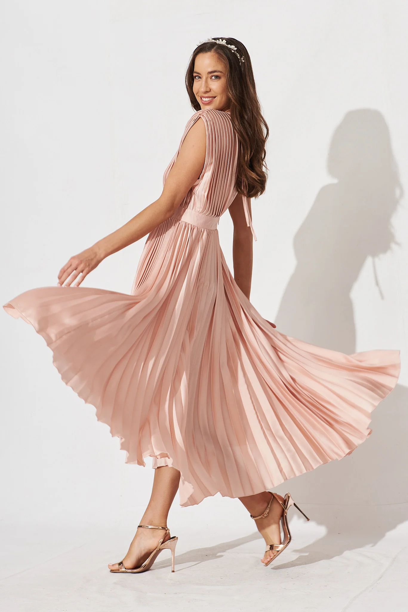 Anetta Midi Dress In Pleated Blush Satin - Image 8