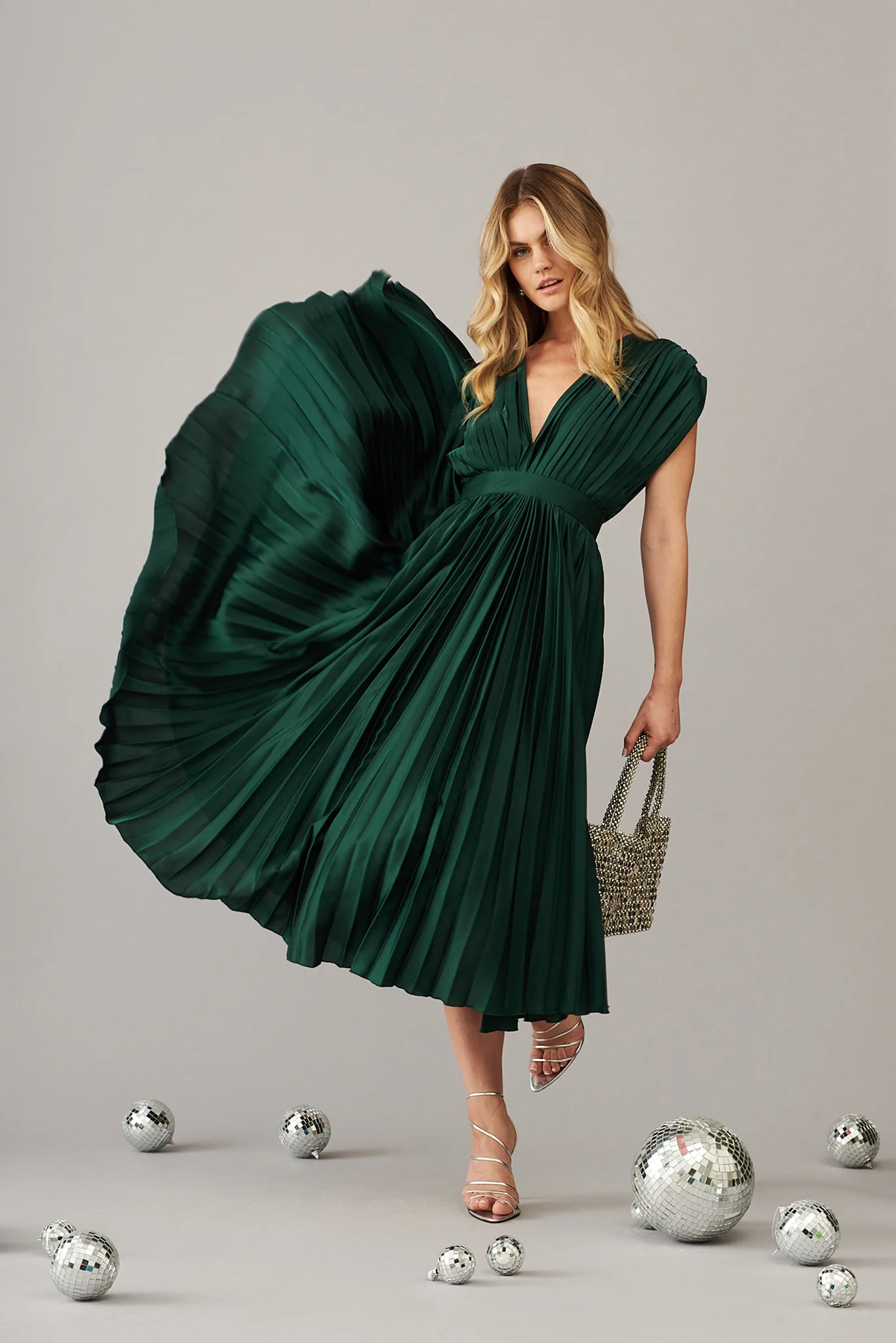 Anetta Midi Dress In Pleated Emerald Satin - Image 3