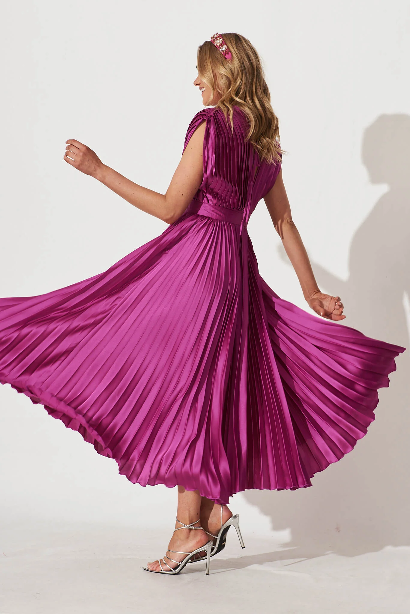 Anetta Midi Dress In Pleated Magenta Satin - Image 6