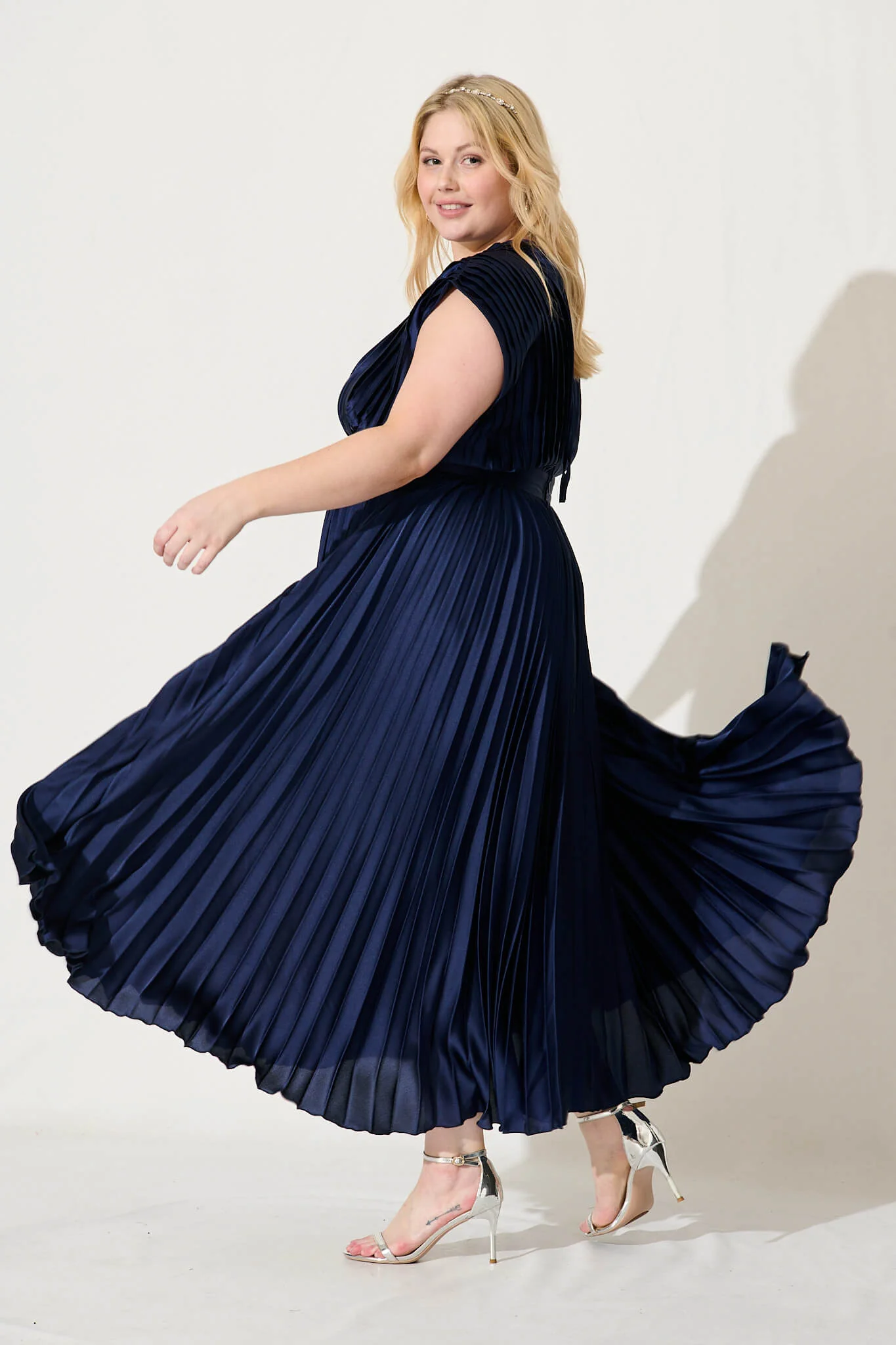 Anetta Midi Dress In Pleated Navy Satin - Image 6