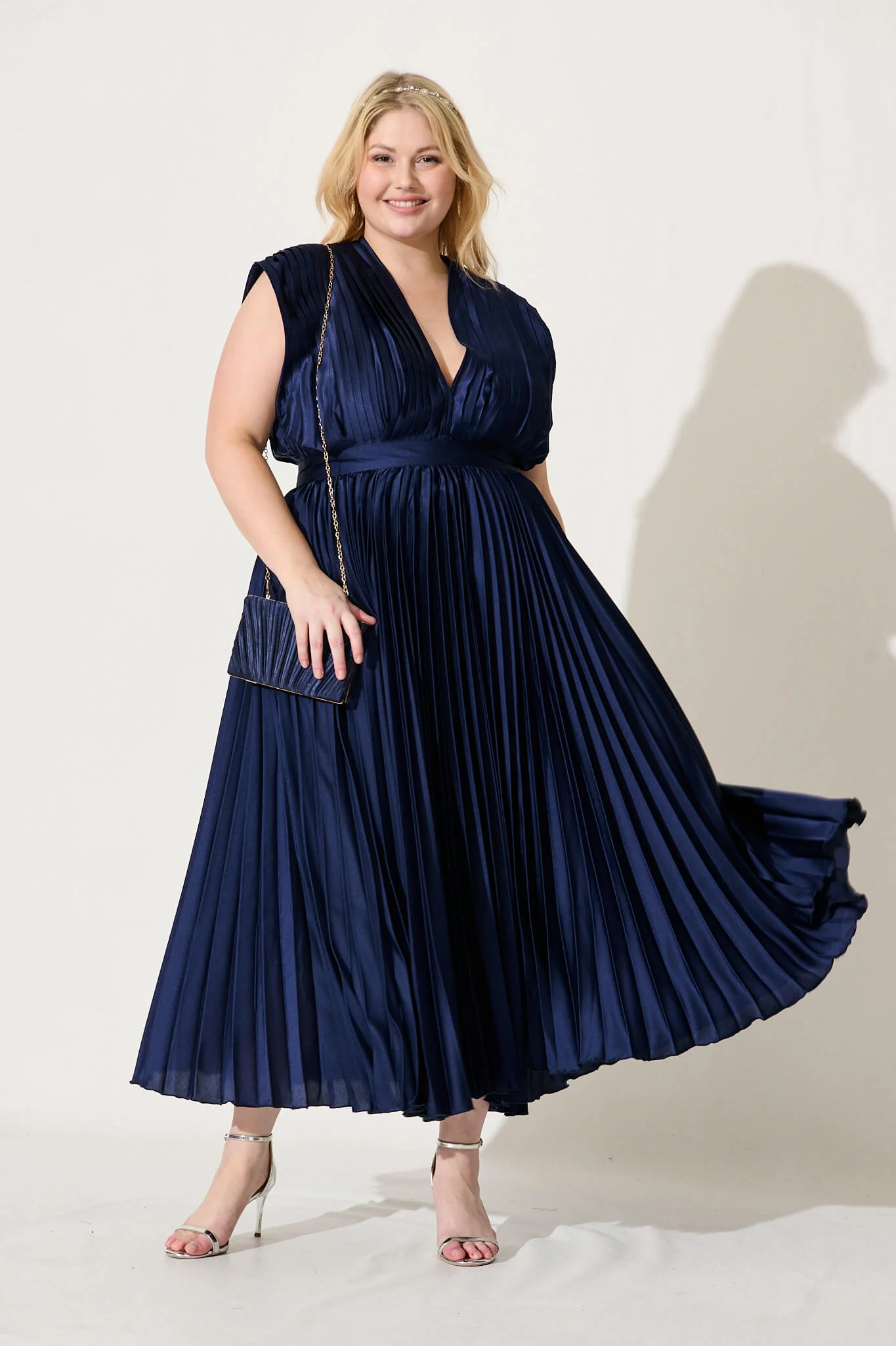 Anetta Midi Dress In Pleated Navy Satin - Image 7