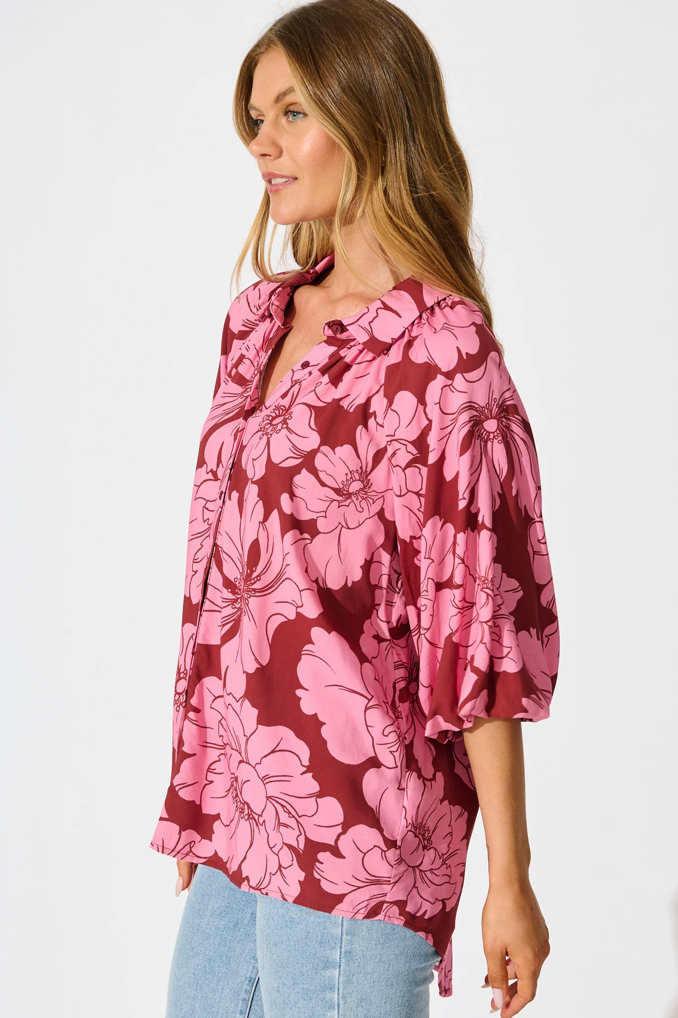 Anita Shirt In Wine with Pink Floral - Image 2