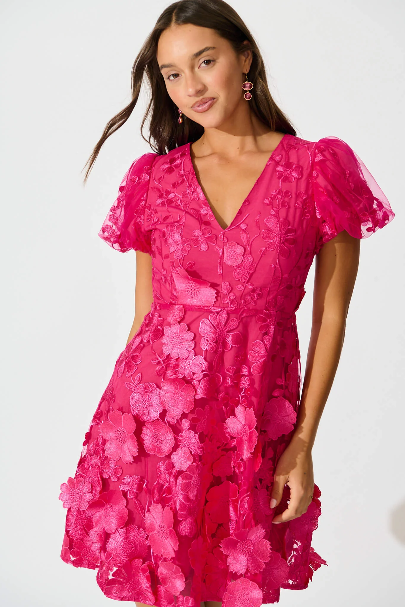 Annalise Dress in Hot Pink Embroidered Tulle - Image 6