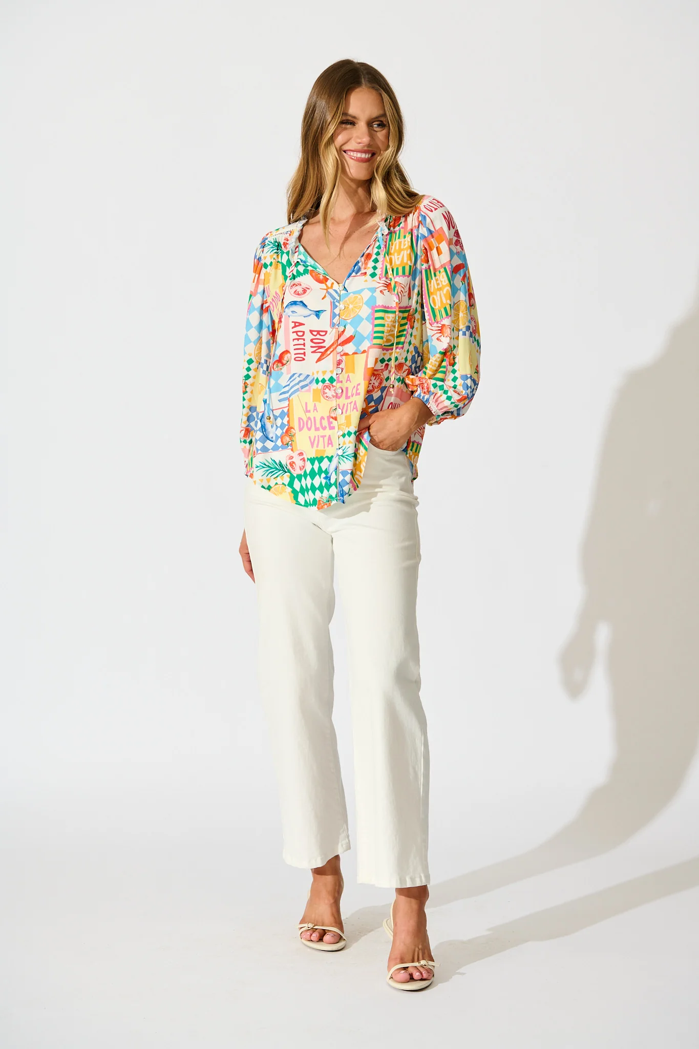 Annelie Top in White Multi Conversational Print - Image 6