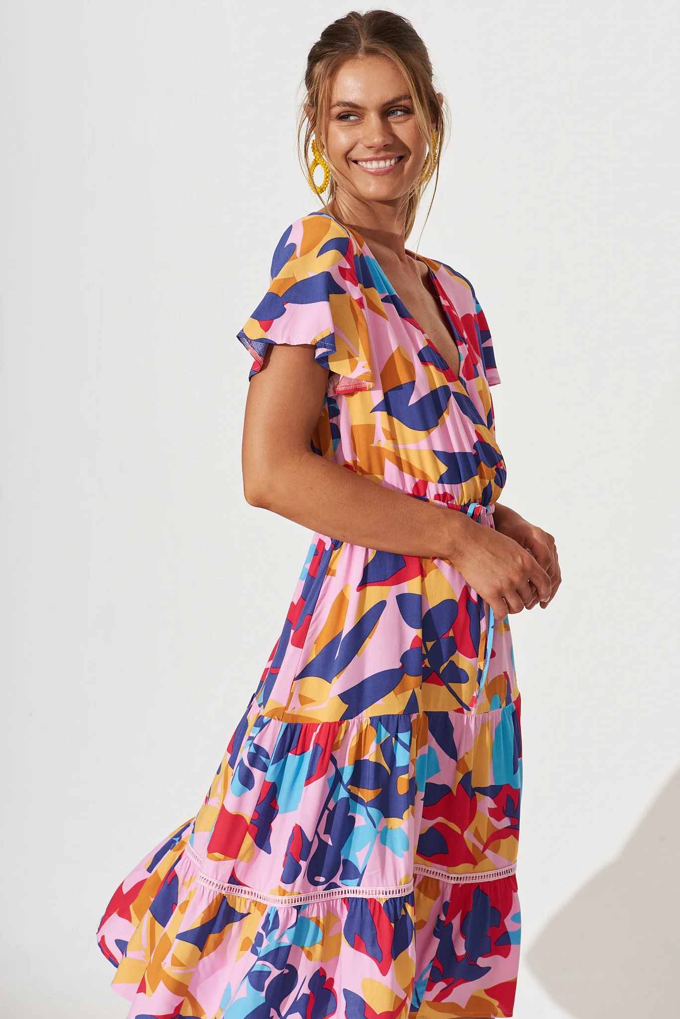 Aquarius Midi Dress In Bright Multi Leaf Print - Image 5