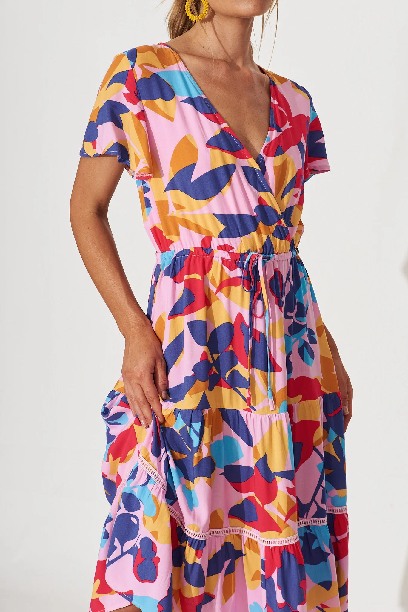 Aquarius Midi Dress In Bright Multi Leaf Print - Image 6