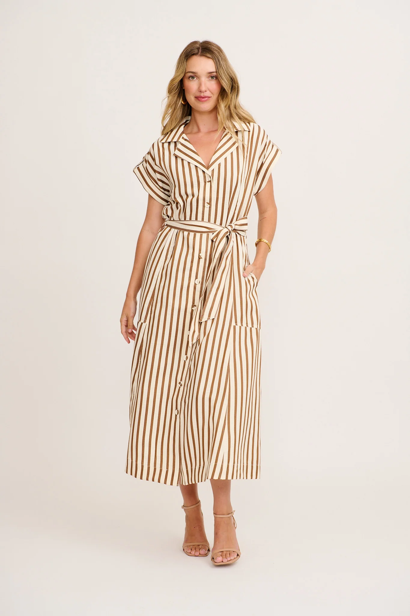 Arcadia Maxi Shirt Dress in Brown Stripe