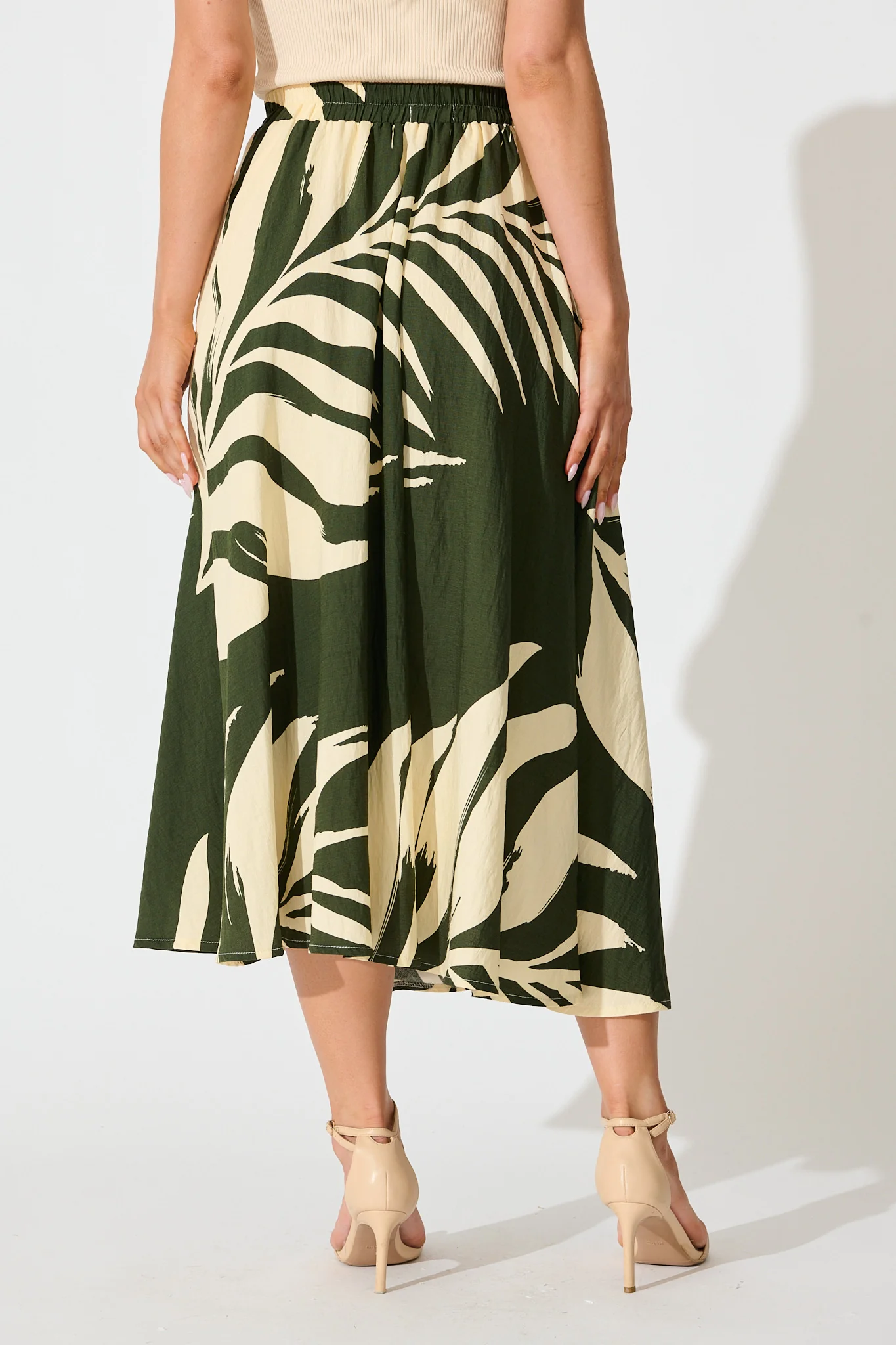 Aria Midi Skirt in Green and Cream Leaf Print - Image 3