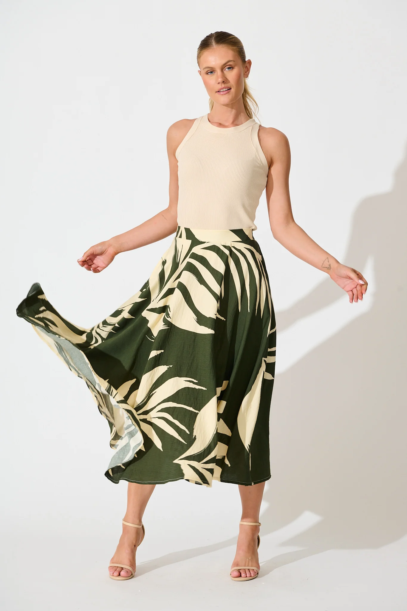 Aria Midi Skirt in Green and Cream Leaf Print - Image 4