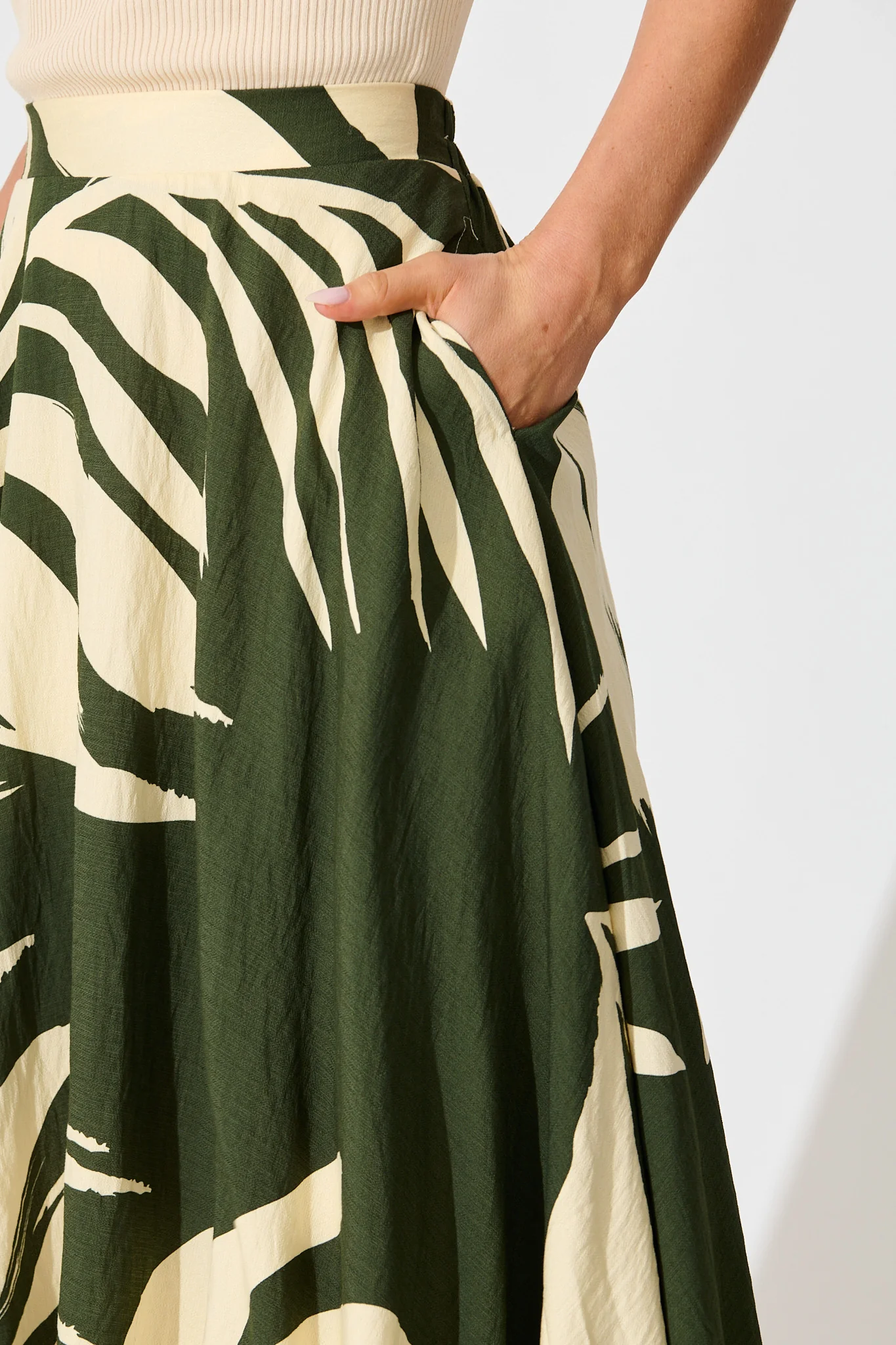 Aria Midi Skirt in Green and Cream Leaf Print - Image 5