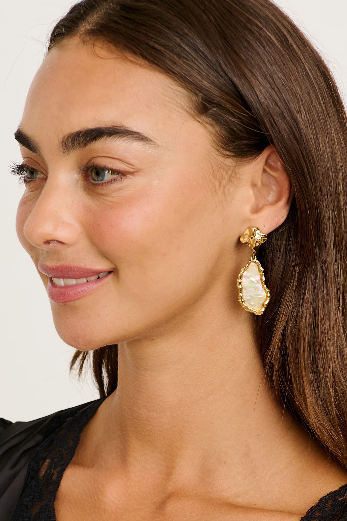 Ariana Stud Earrings in Gold Irregular Iridescent Stone - Image 2