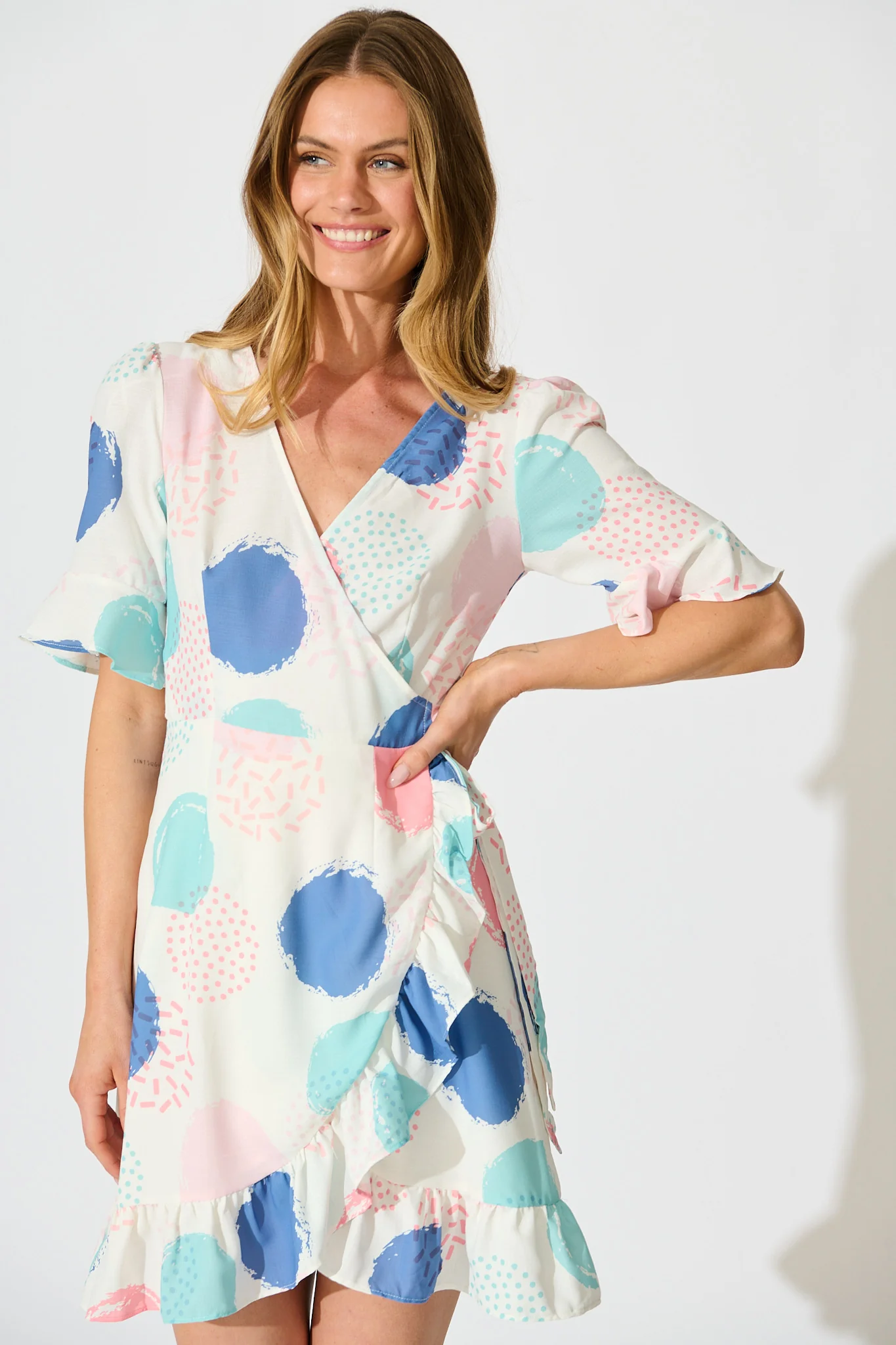 Ariane Wrap Dress In White with Multi Spot Print - Image 2
