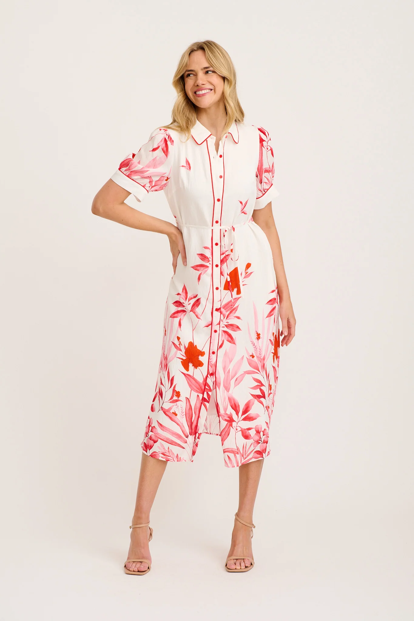 Arla Midi Shirt Dress in White with Pink and Red Leaf