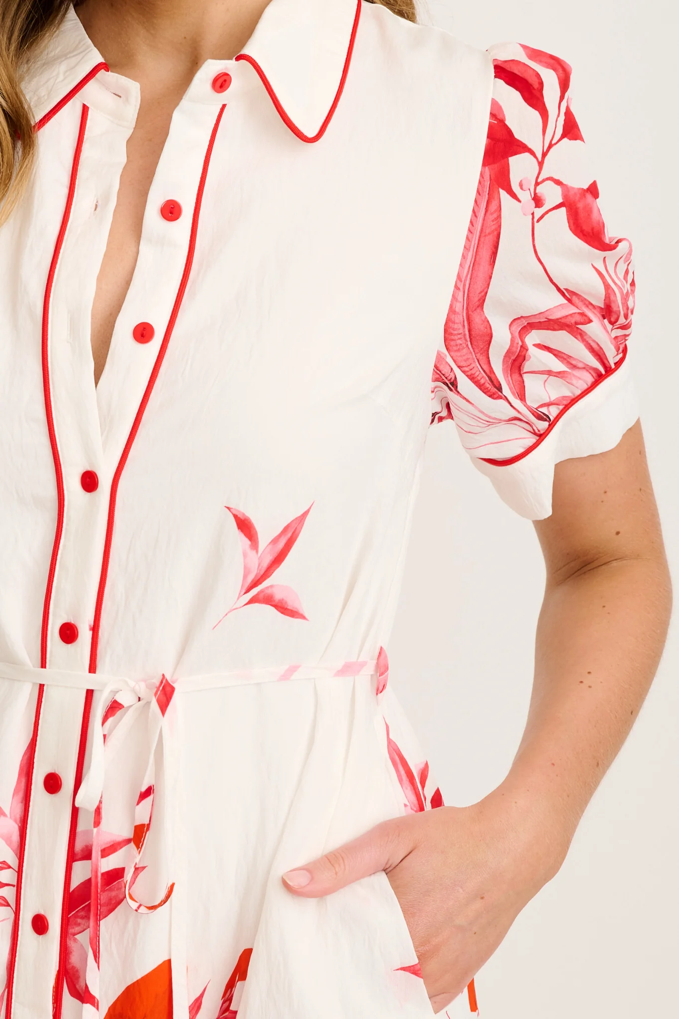 Arla Midi Shirt Dress in White with Pink and Red Leaf - Image 5