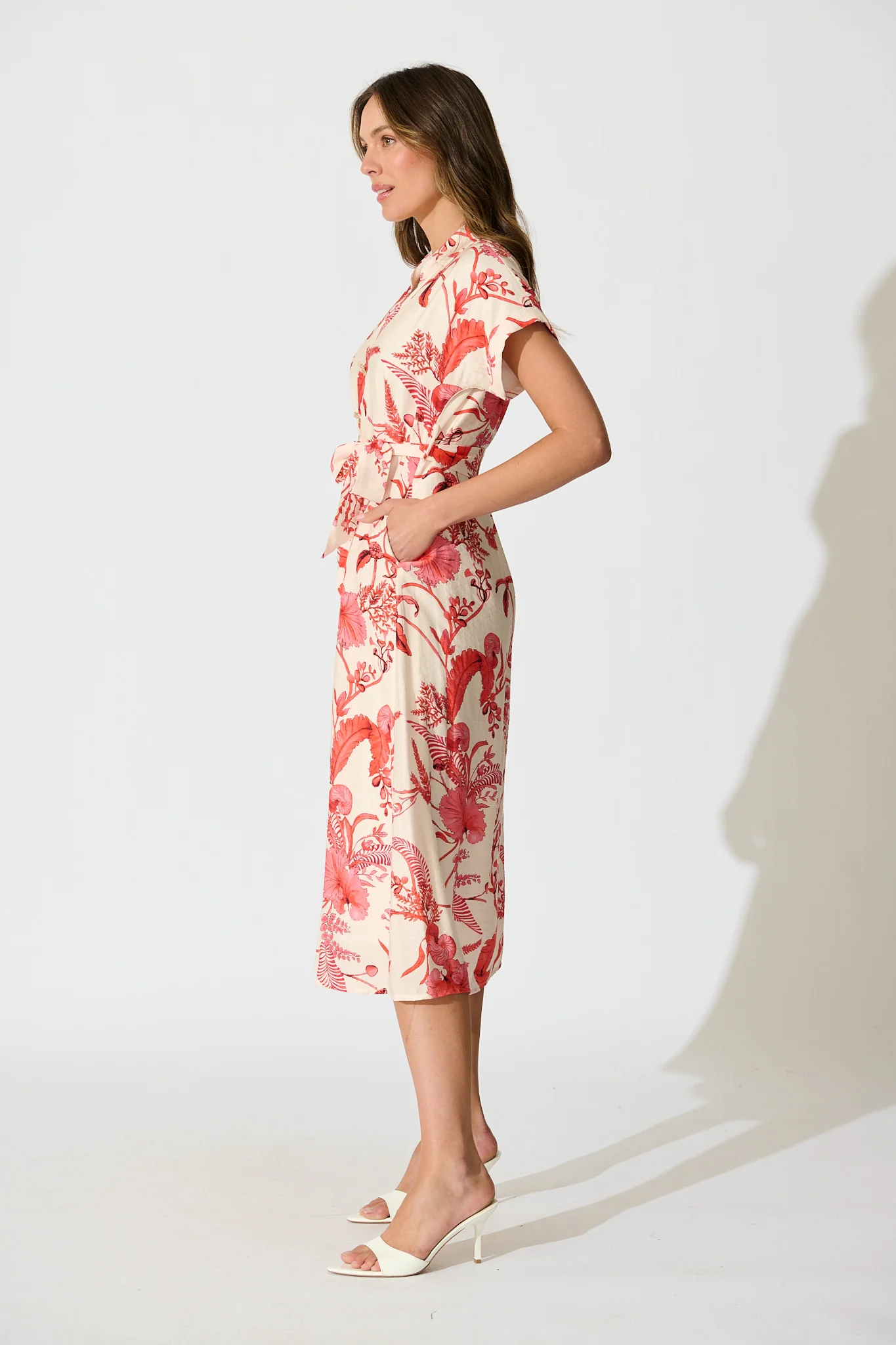 Arles Midi Dress in Cream with Coral Floral - Image 3
