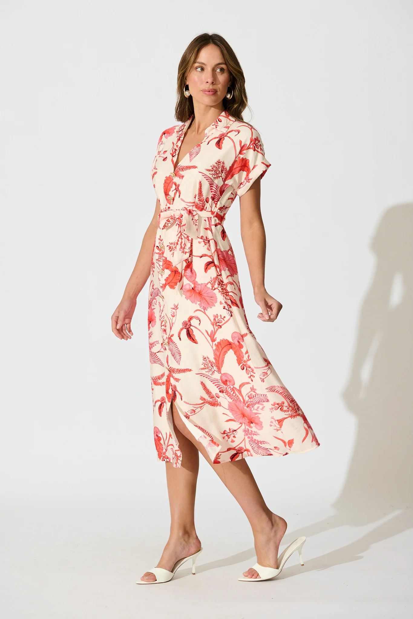 Arles Midi Dress in Cream with Coral Floral - Image 5