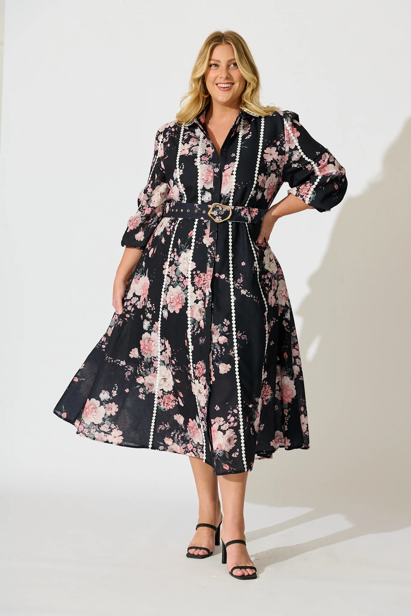 Art Of Bloom Midi Shirt Dress in Black with Blush Floral Linen Blend - Image 7