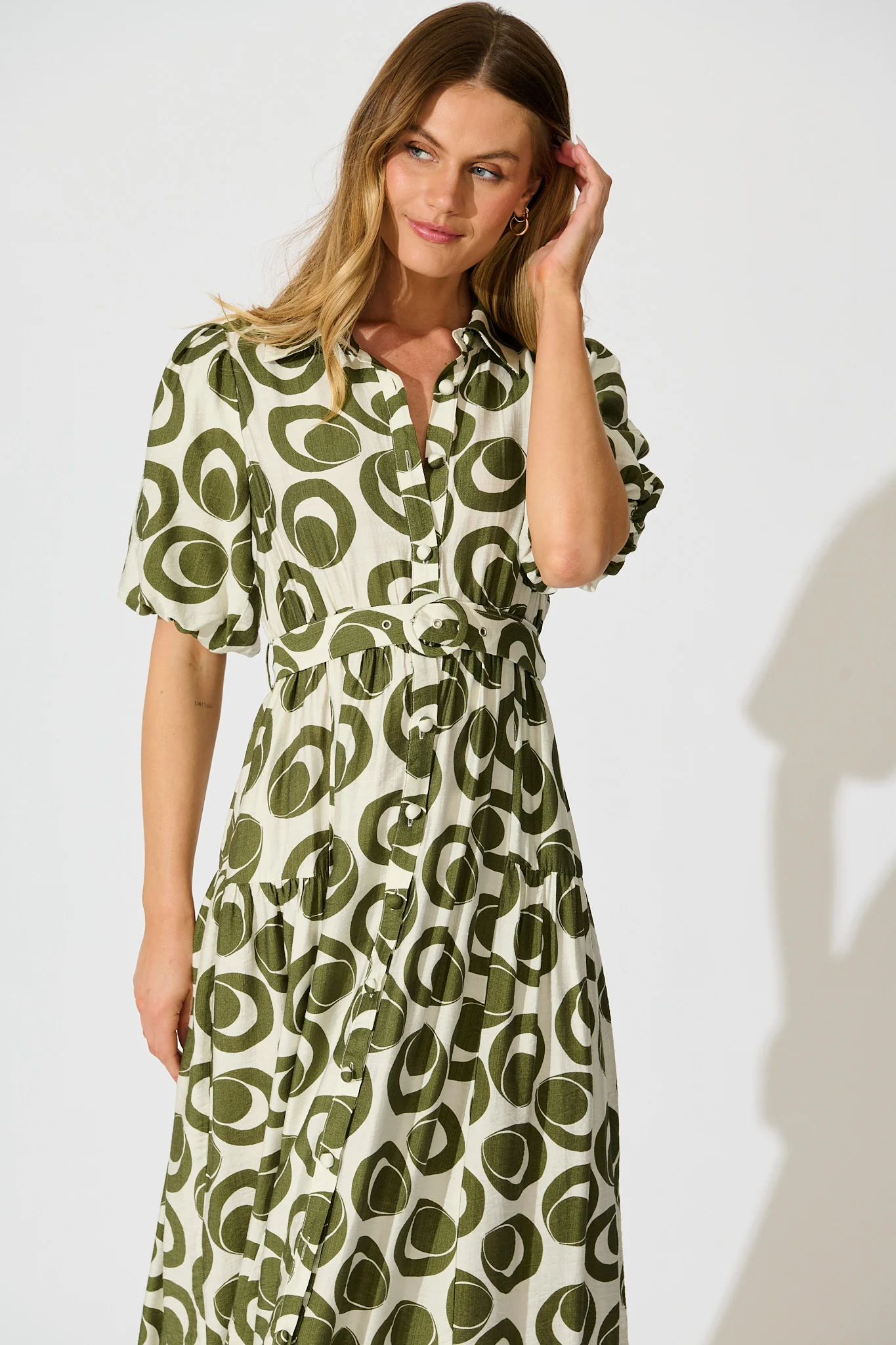 Asazie Midi Shirt Dress in White with Green Print - Image 2