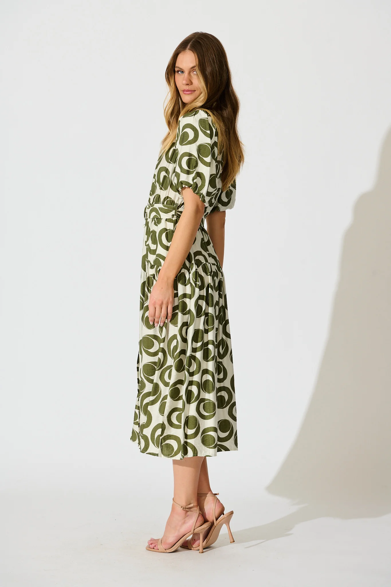 Asazie Midi Shirt Dress in White with Green Print - Image 3