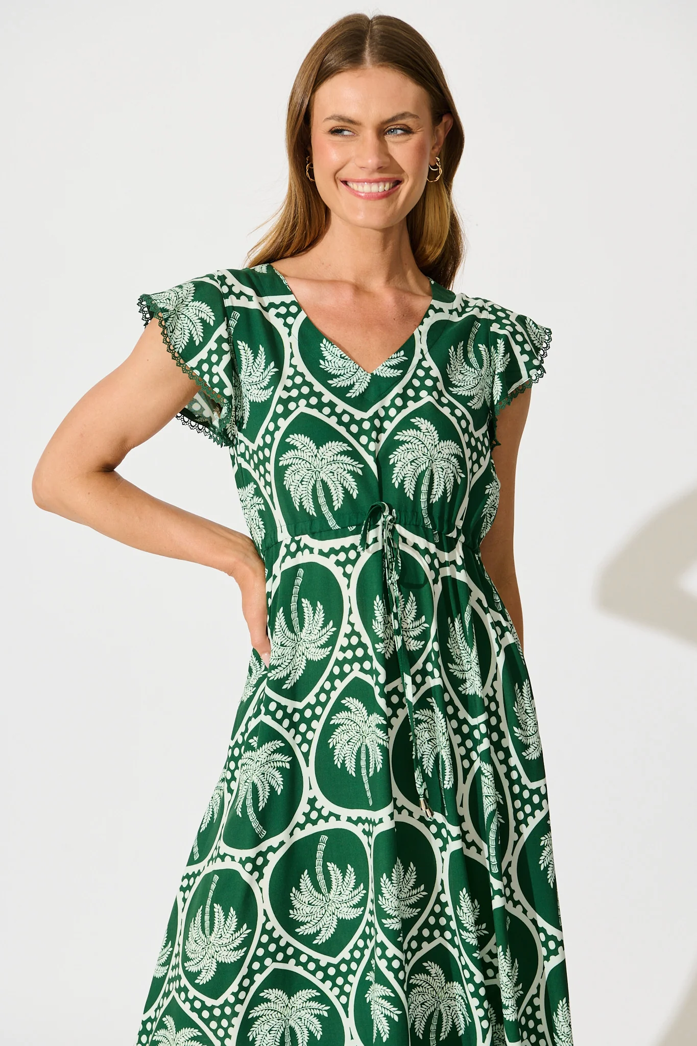 Atana Midi Dress in Green Palm Tree Tiles Print - Image 2