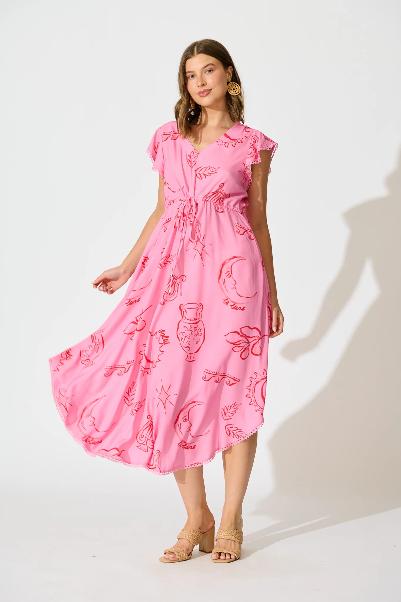 Atana Midi Dress in Pink with Red Print