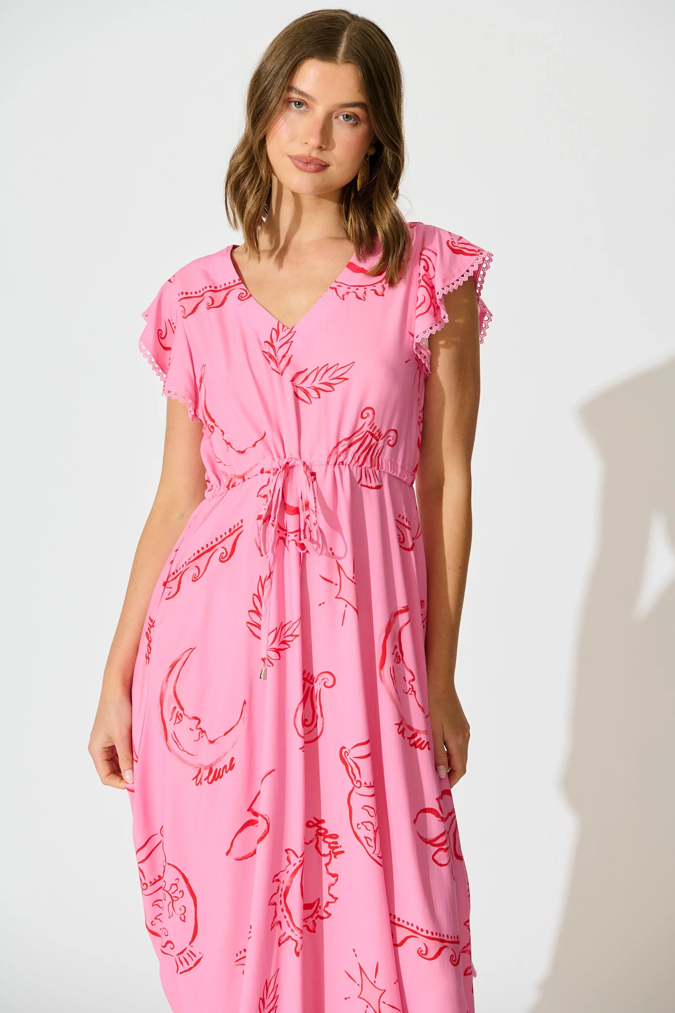 Atana Midi Dress in Pink with Red Print - Image 2