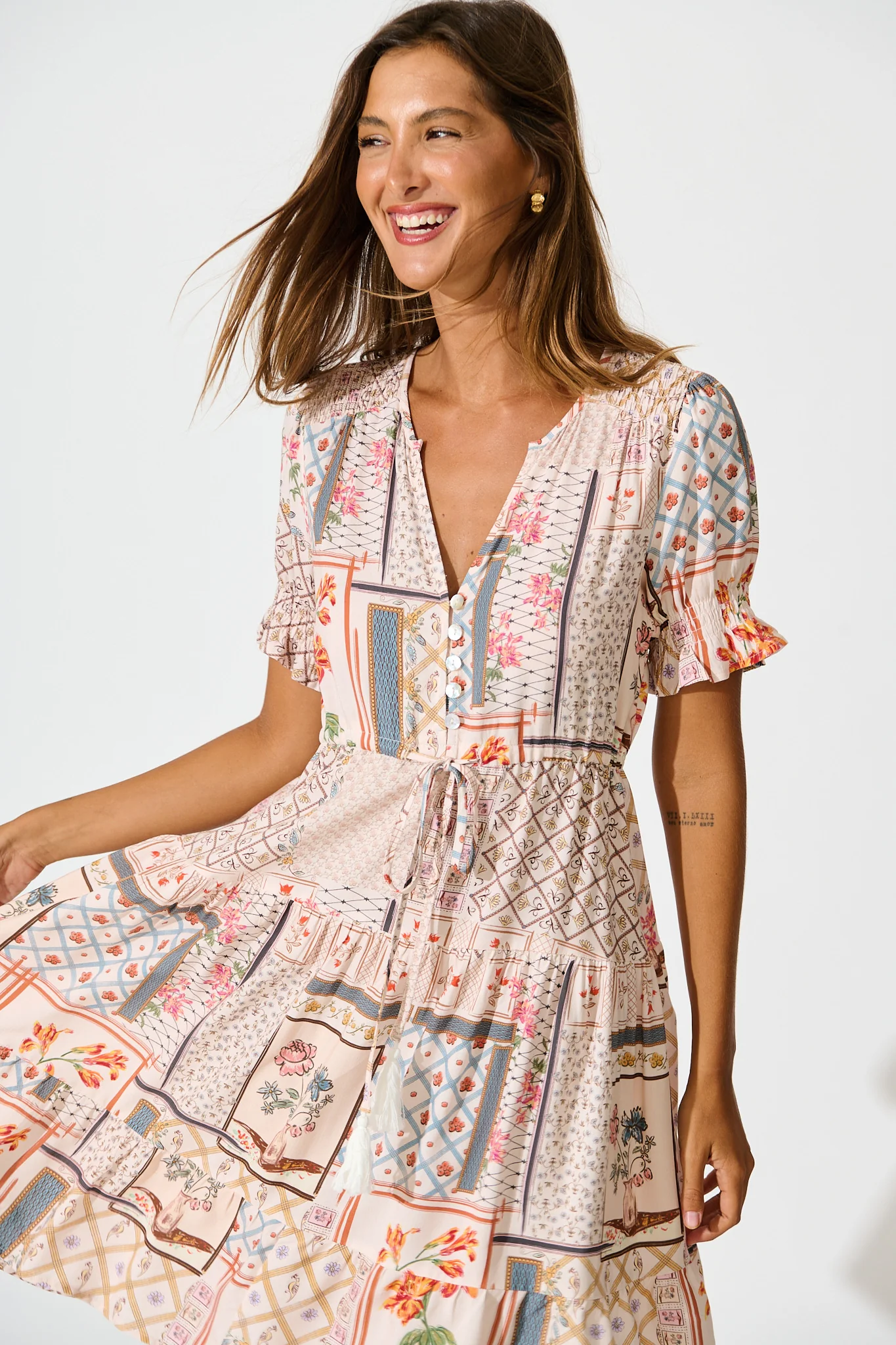 Aura Dress in Beige Multi Patchwork Print - Image 2