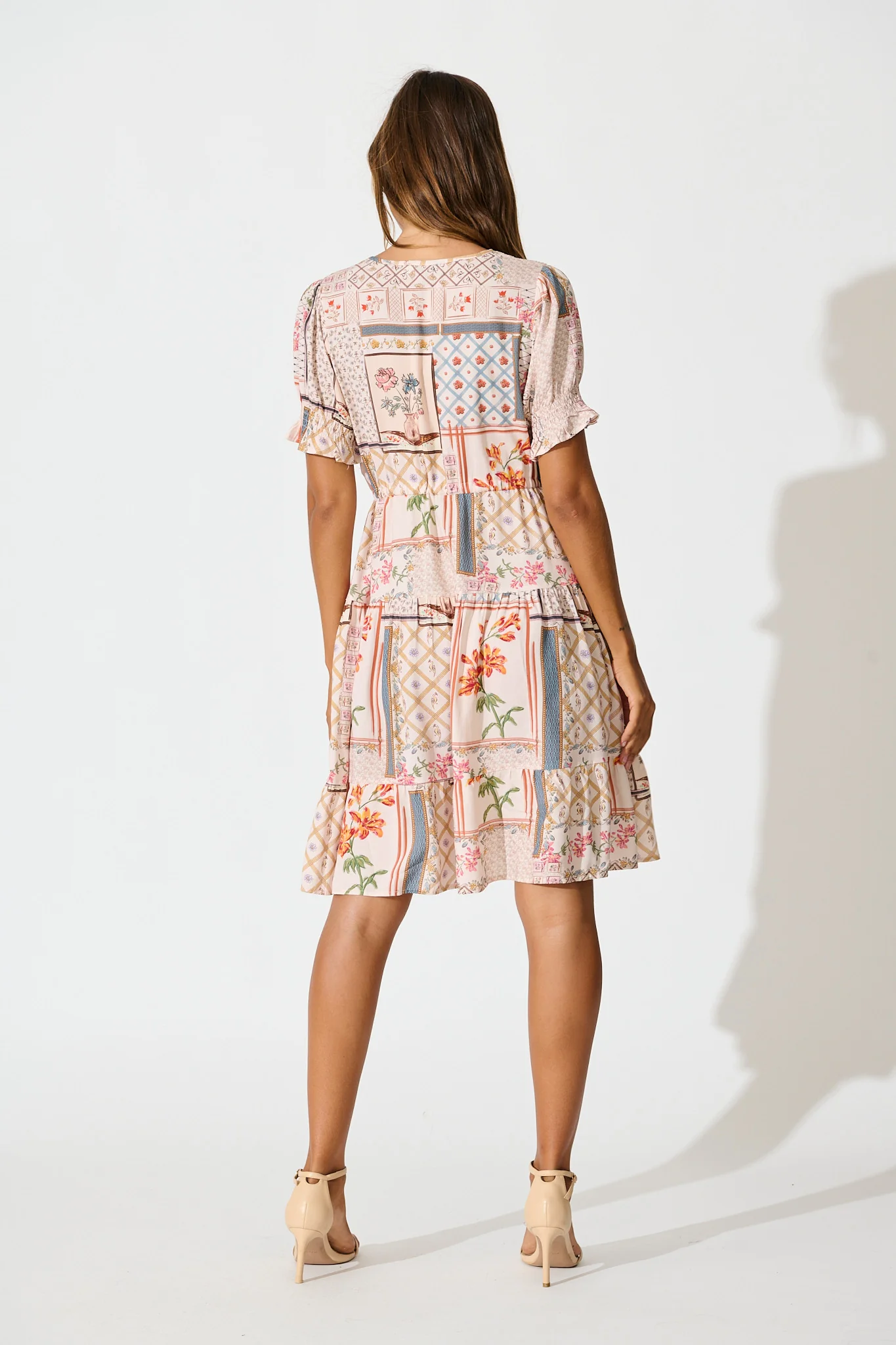 Aura Dress in Beige Multi Patchwork Print - Image 4