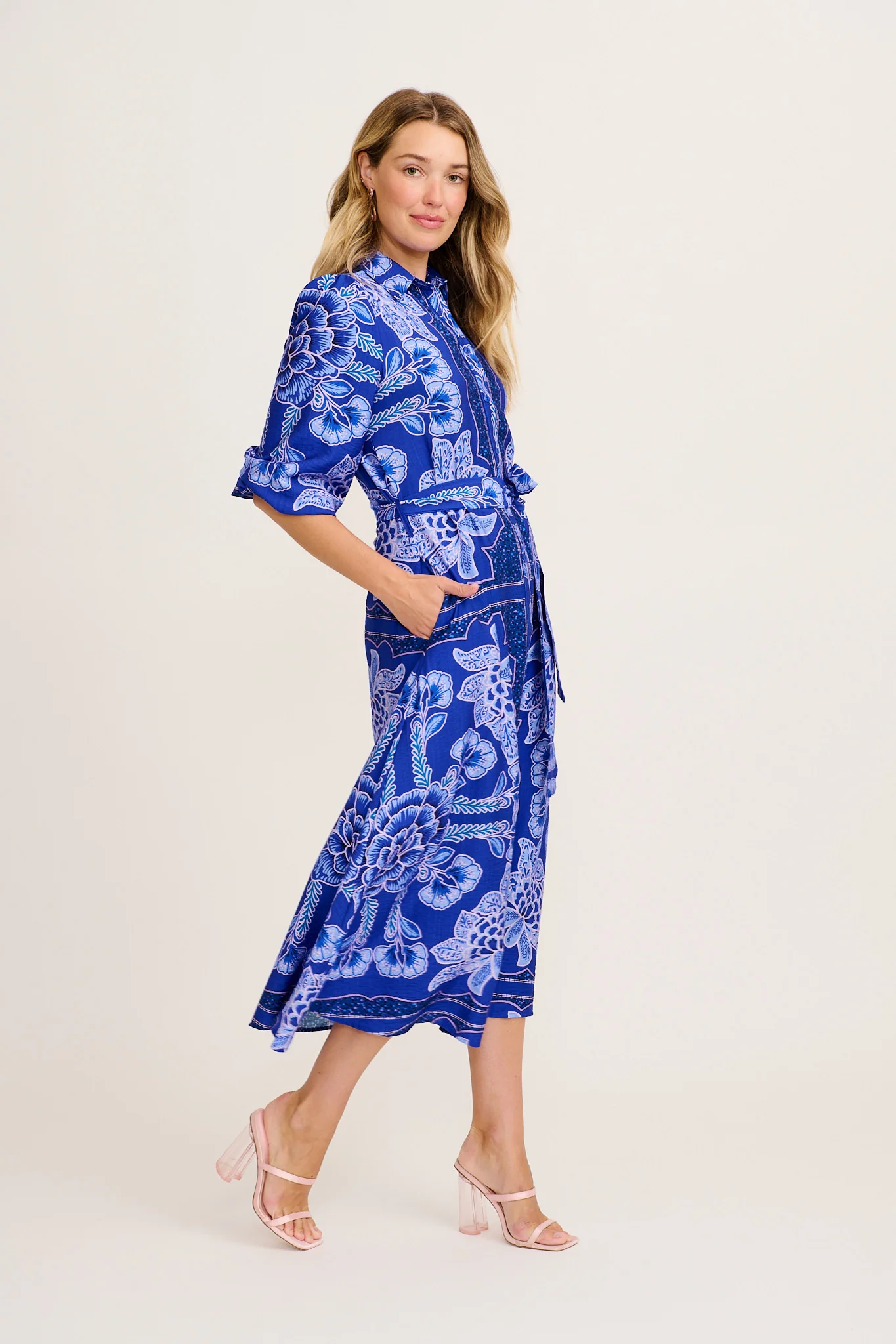 Aurelina Maxi Shirt Dress in Blue Floral Print Linen Blend - Image 3