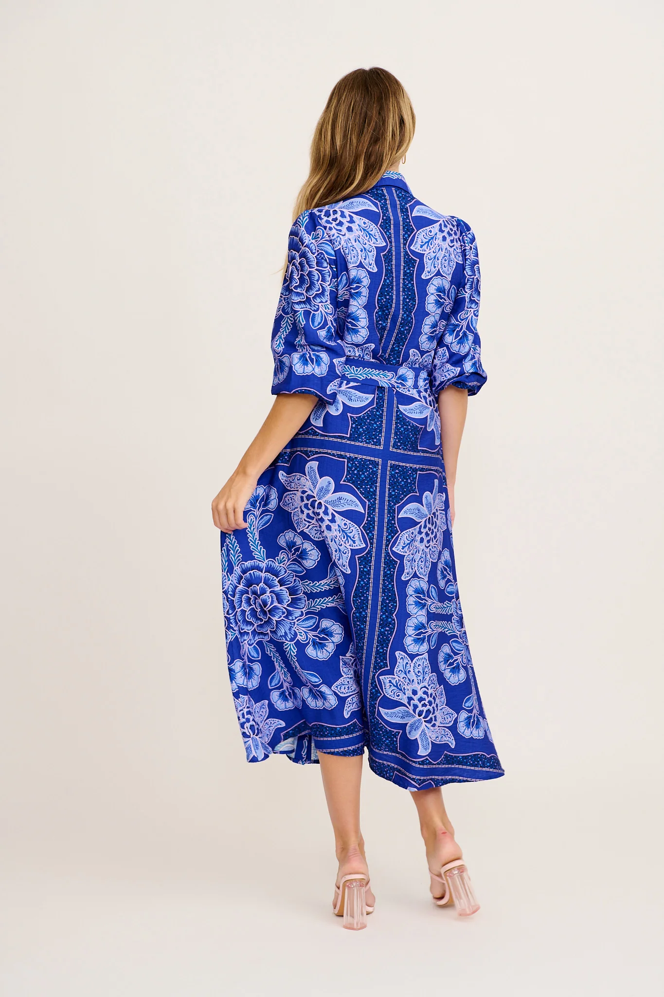Aurelina Maxi Shirt Dress in Blue Floral Print Linen Blend - Image 4