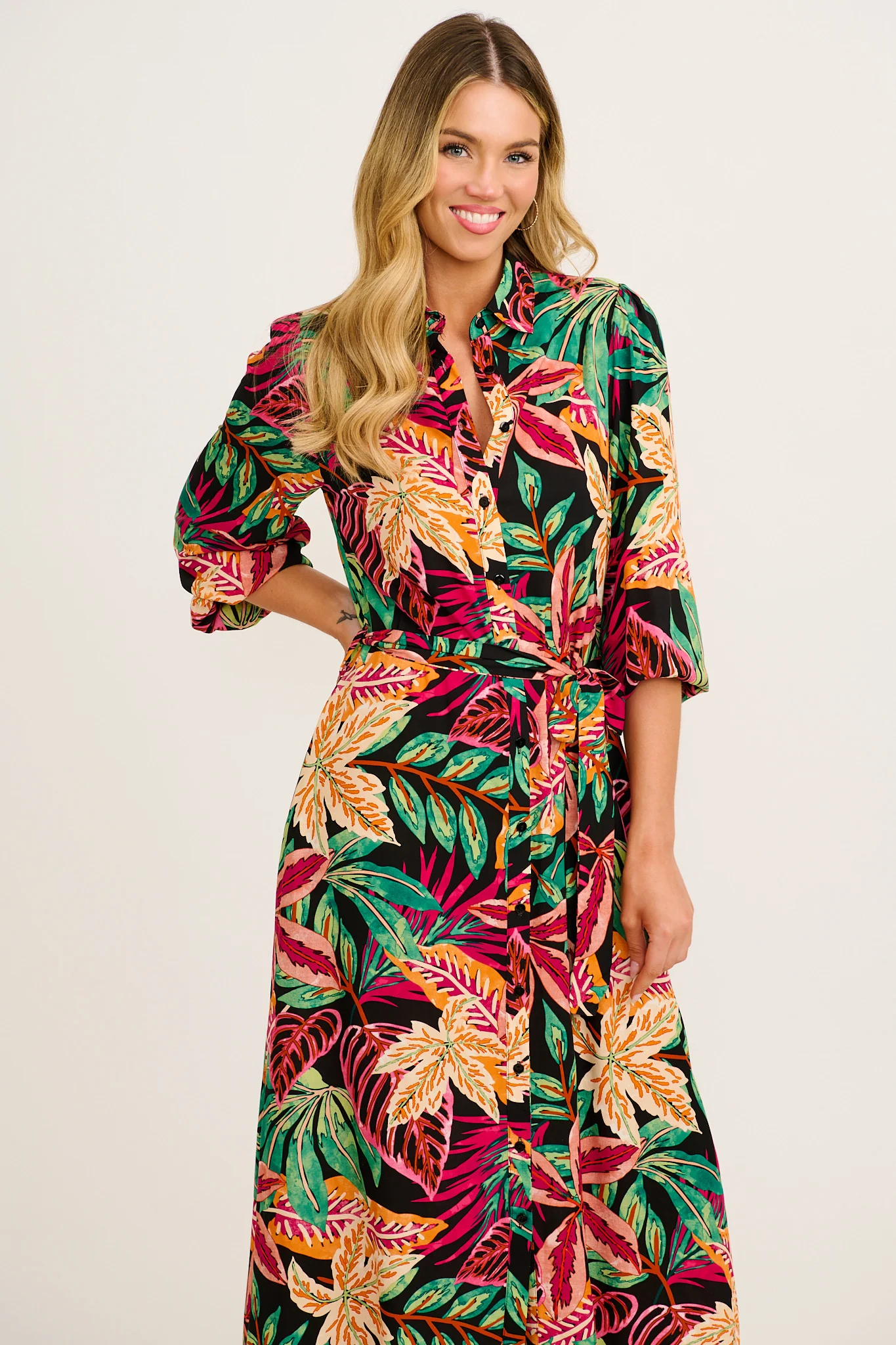 Aurelina Maxi Shirt Dress in Purple Multi Leaf Print - Image 2