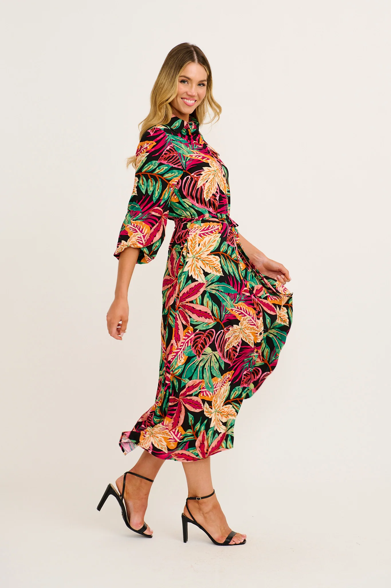 Aurelina Maxi Shirt Dress in Purple Multi Leaf Print - Image 3