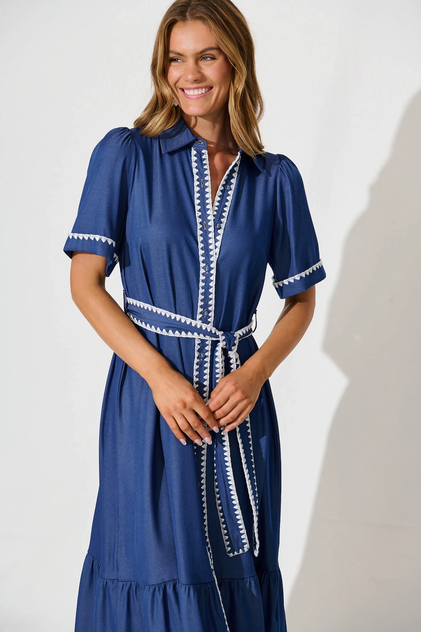 Aurora Midi Shirt Dress In Blue With White Contrast Stitch - Image 2