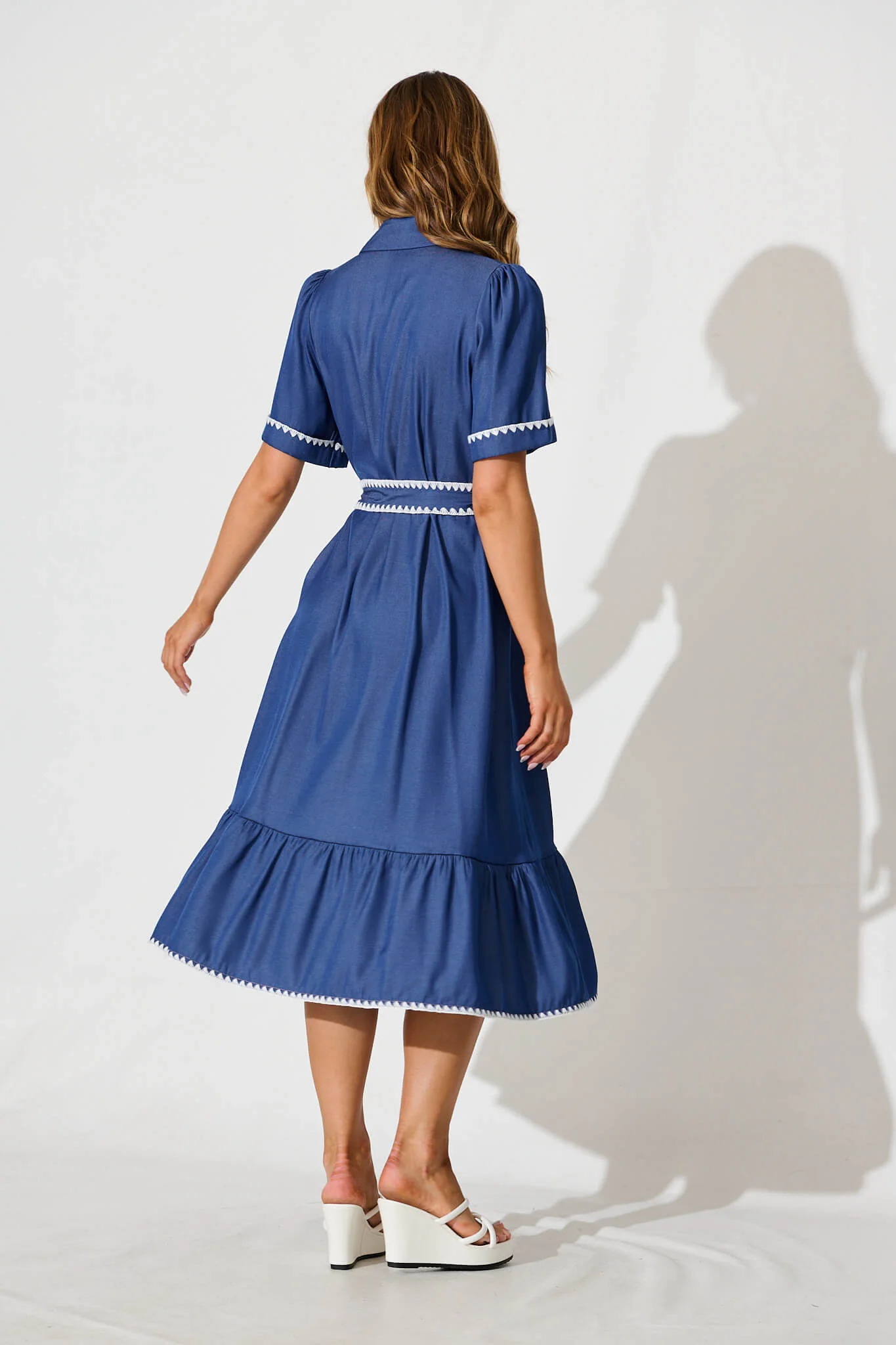 Aurora Midi Shirt Dress In Blue With White Contrast Stitch - Image 4