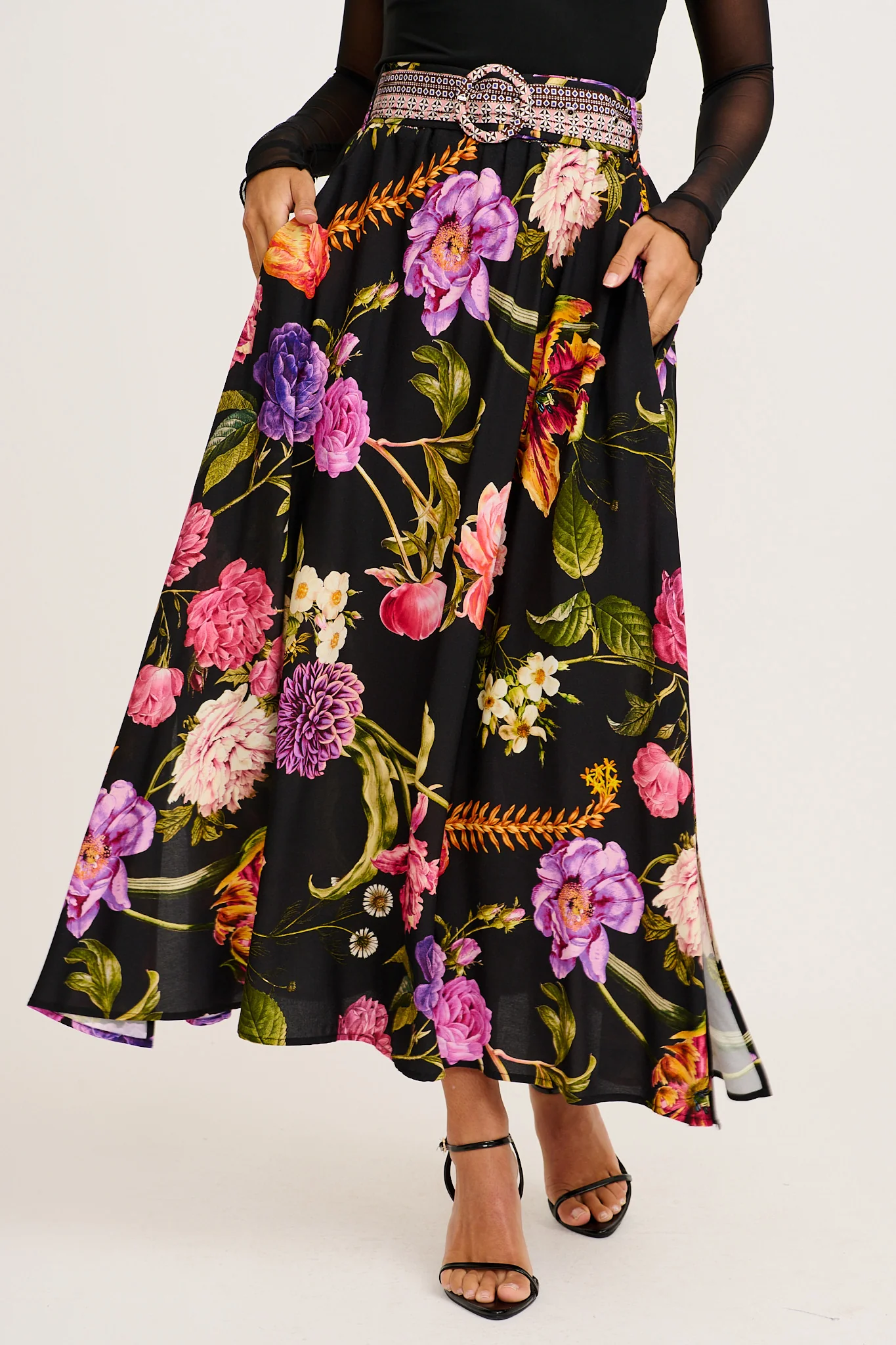 Aurora Radiance Maxi Skirt in Black with Multi Floral - Image 3