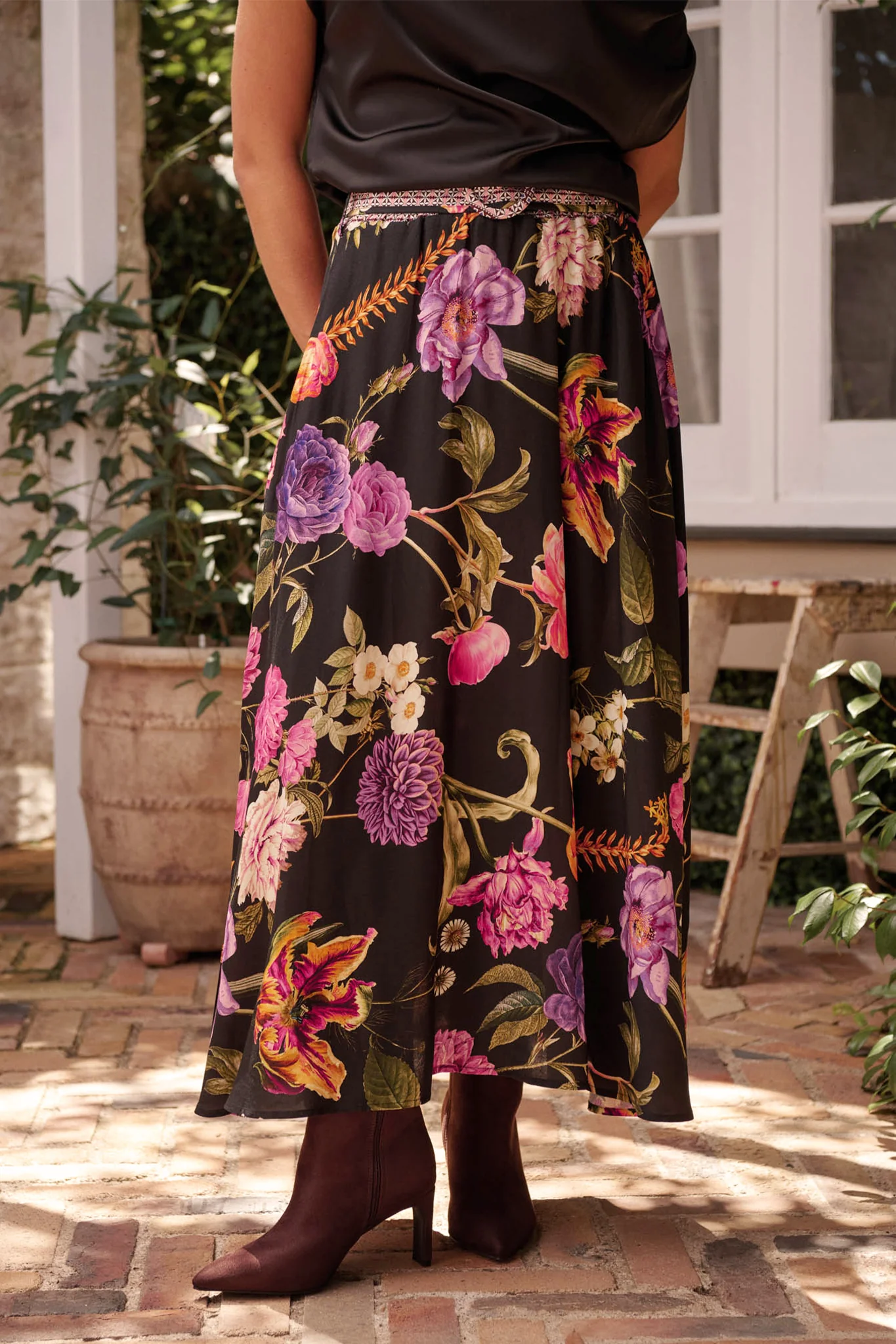 Aurora Radiance Maxi Skirt in Black with Multi Floral - Image 4