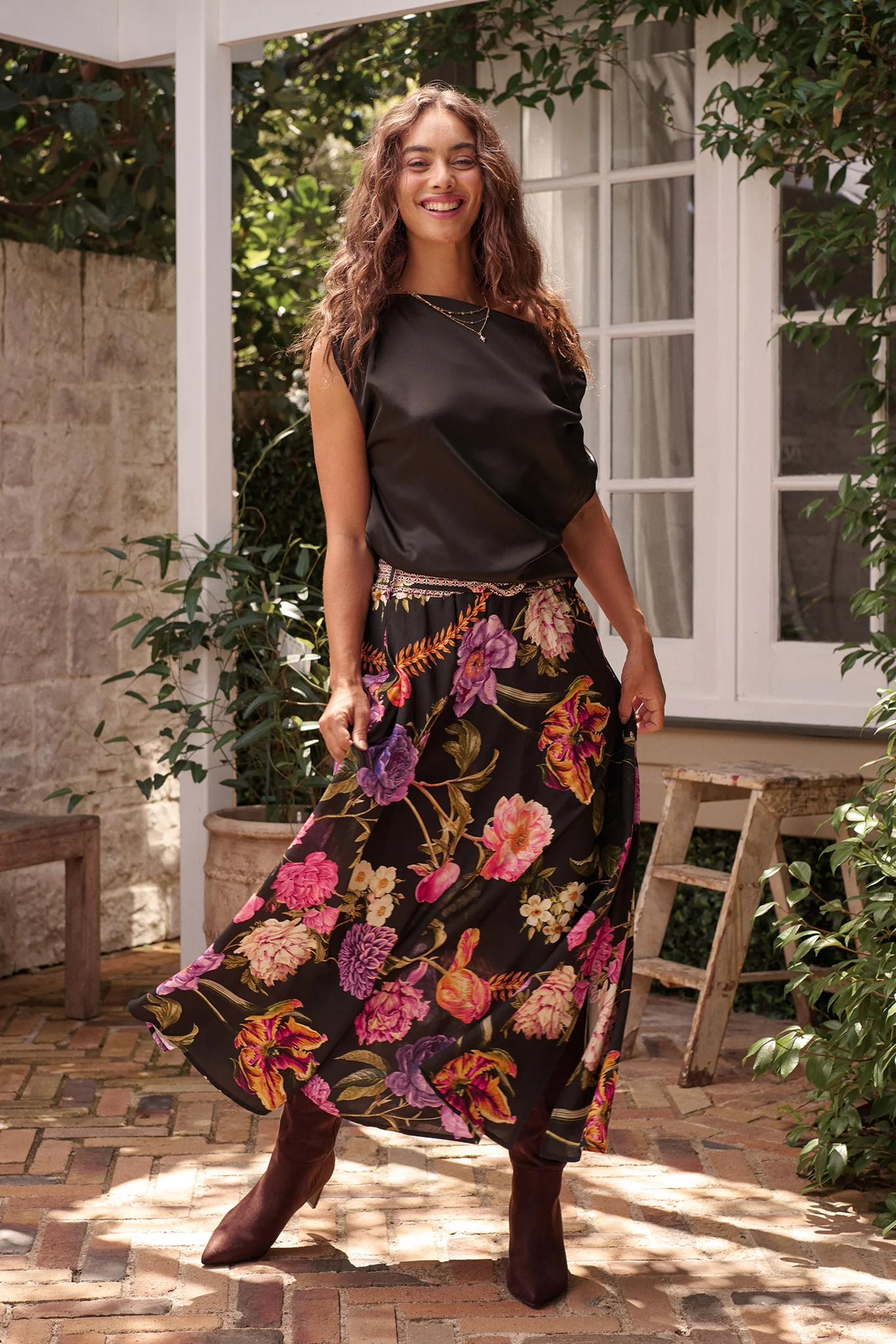 Aurora Radiance Maxi Skirt in Black with Multi Floral - Image 5