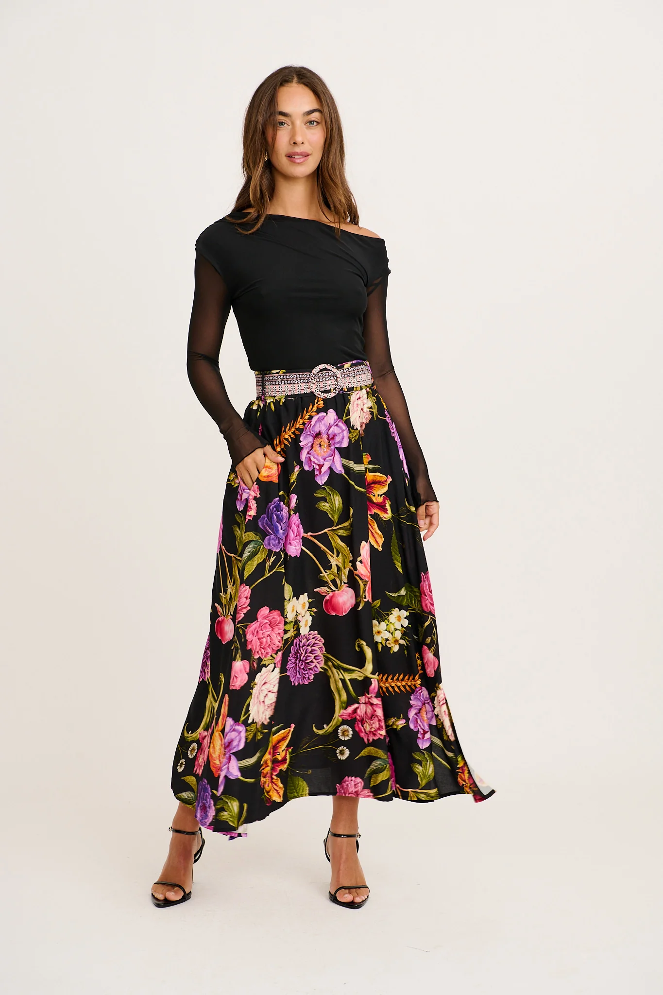 Aurora Radiance Maxi Skirt in Black with Multi Floral - Image 9
