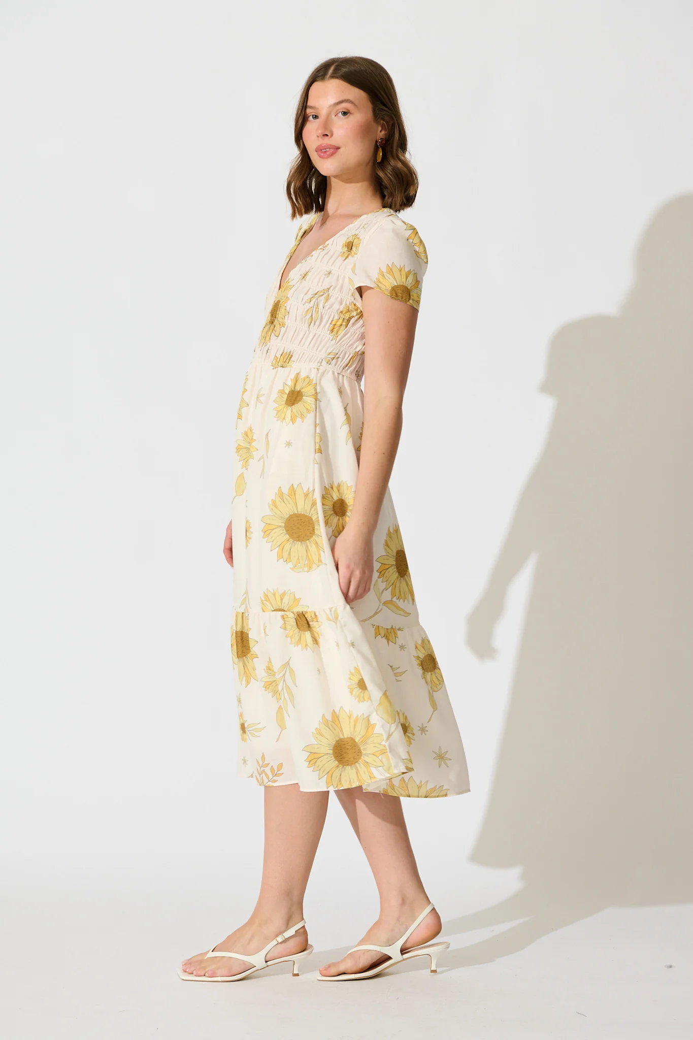 Aventine Midi Dress in Cream with Yellow Linen Blend - Image 3