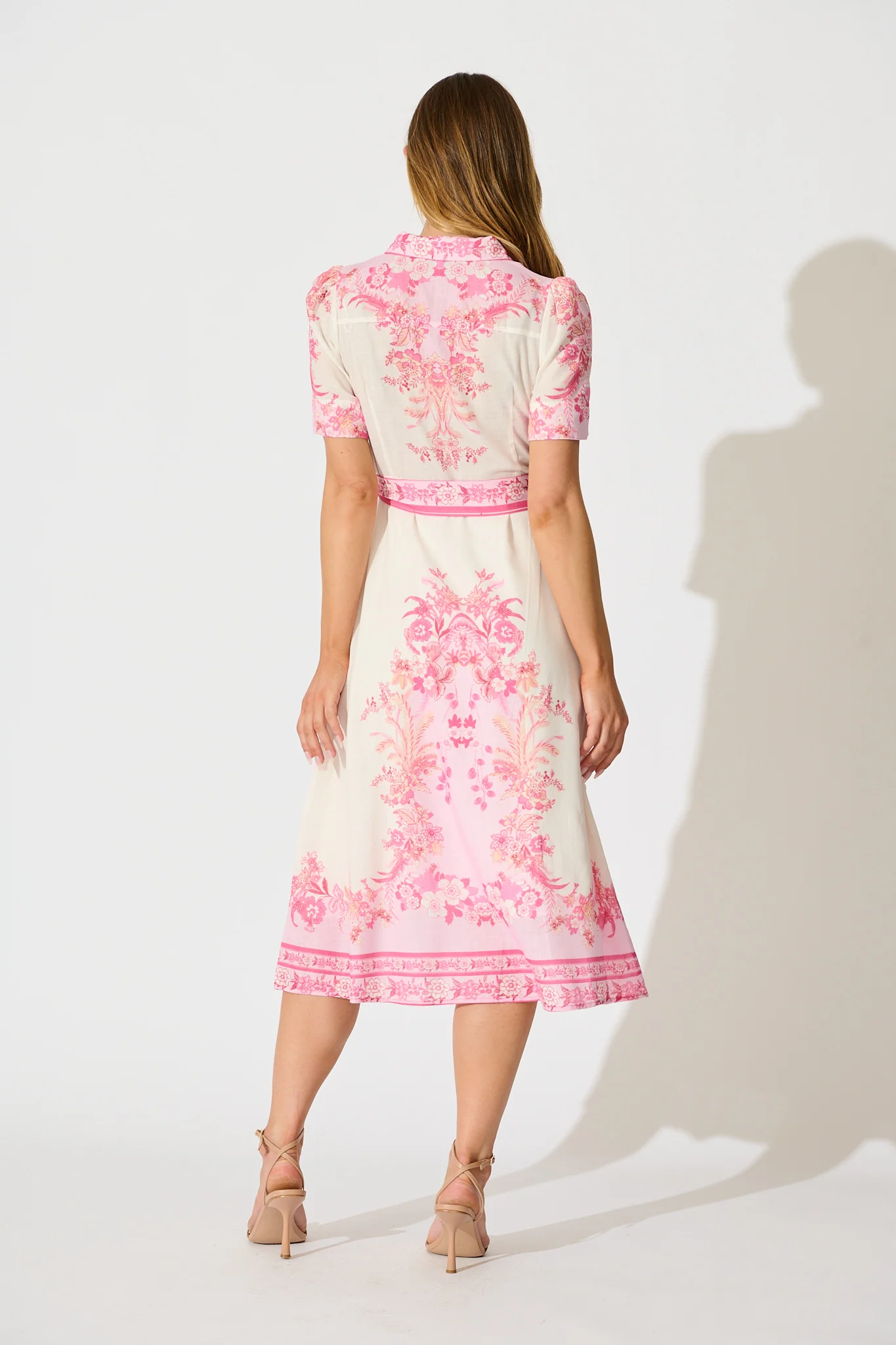 Aveta Midi Shirt Dress in Cream with Pink Floral Linen Blend - Image 4